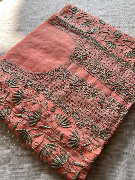 Orange Mul chanderi Chikankari embroidered kurta and dupatta