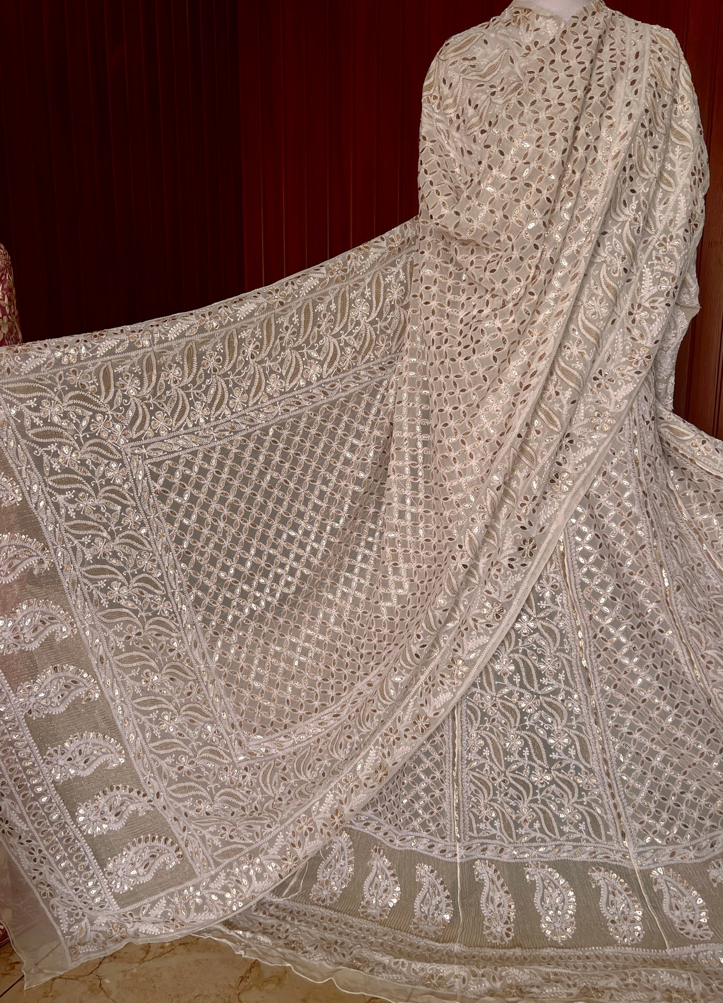 White Chikankari and Gota Patti Lehenga Set
