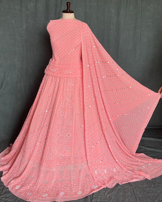 Coral peach Chikankari Pearl & Mirror work Lehenga