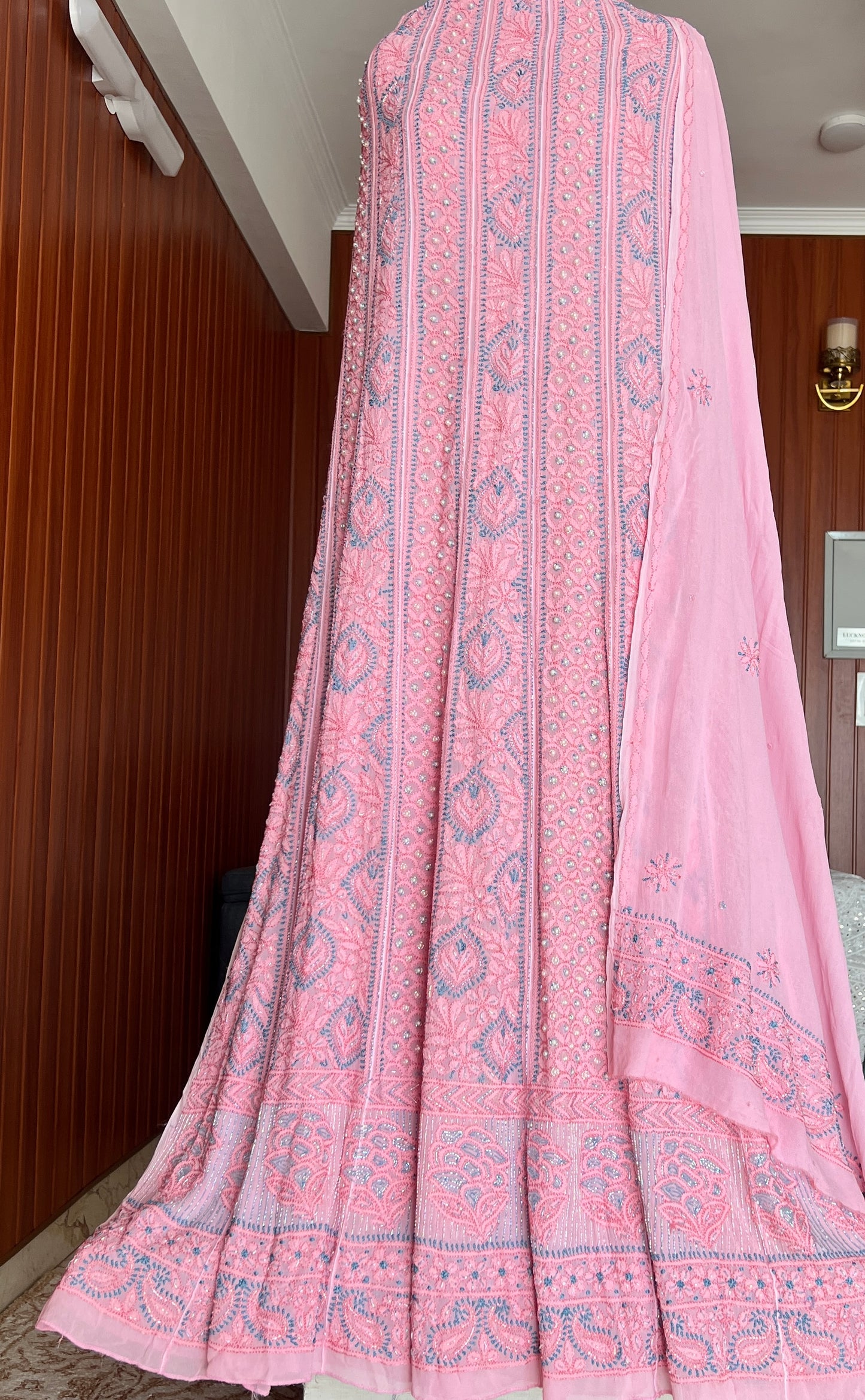 Pink Resham Chikankari Pearl Embroidered Anarkali with Dupatta