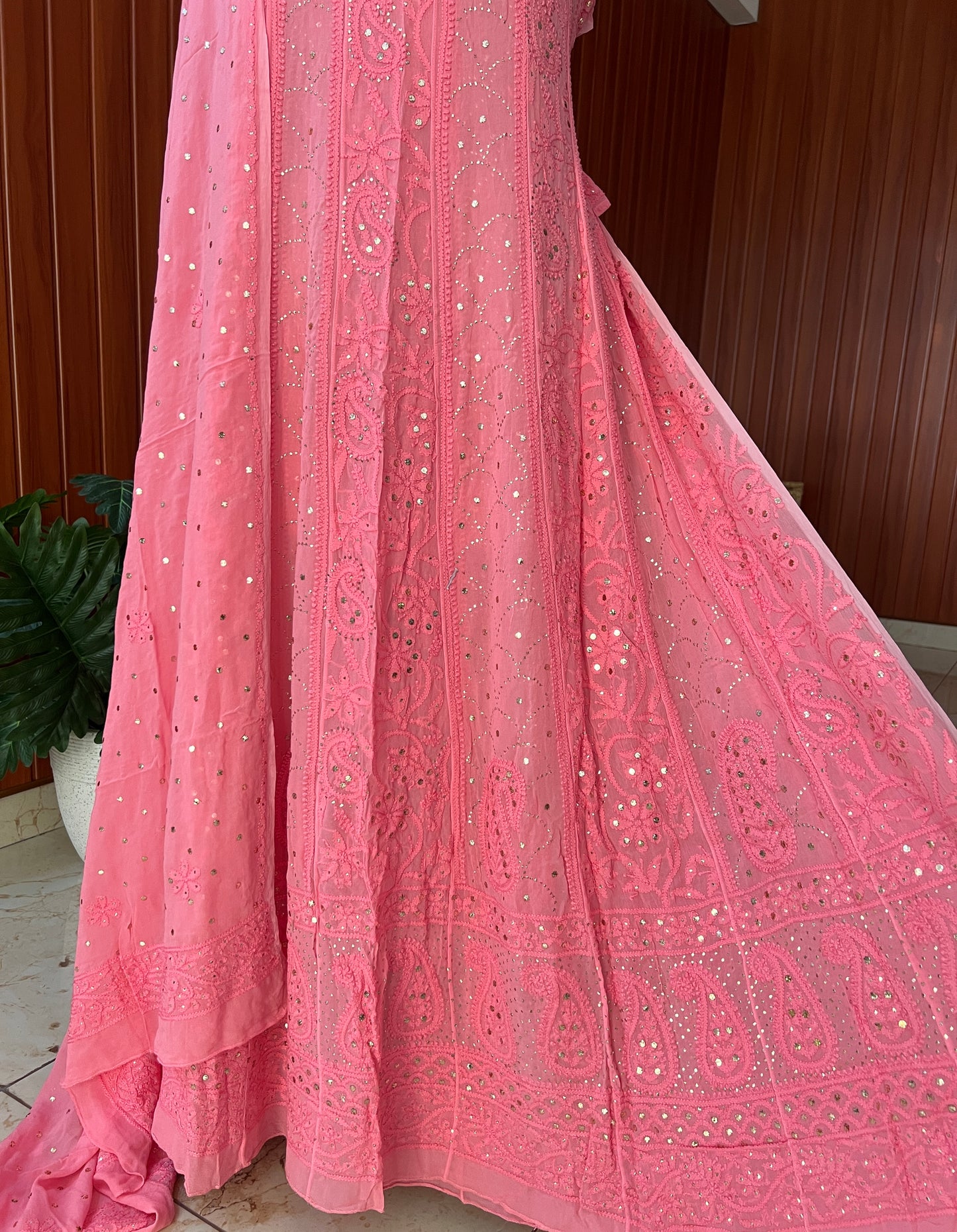 Pink allover Chikankari and mukaish anarkali with dupatta