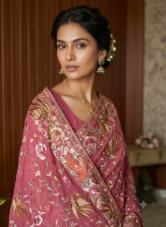 Deep Raspberry Pink Masterpiece Parsi Gara Saree