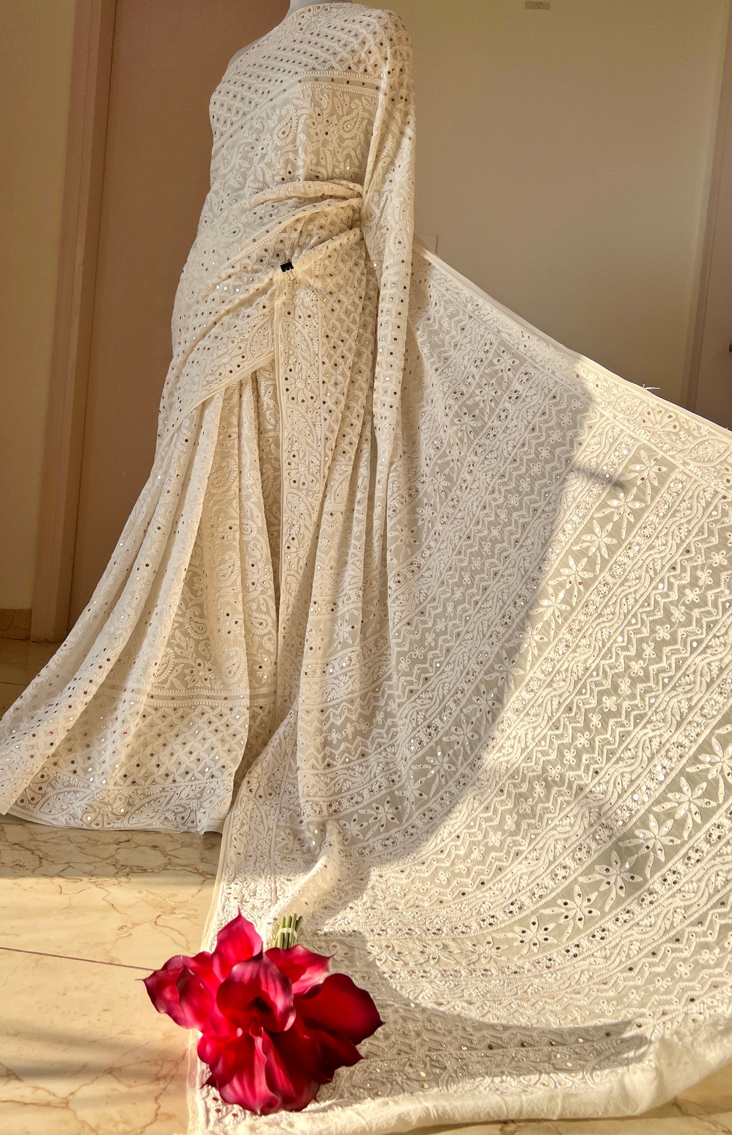 Ivory Ruhani Allover Designer Chikankari and Mukaish Saree