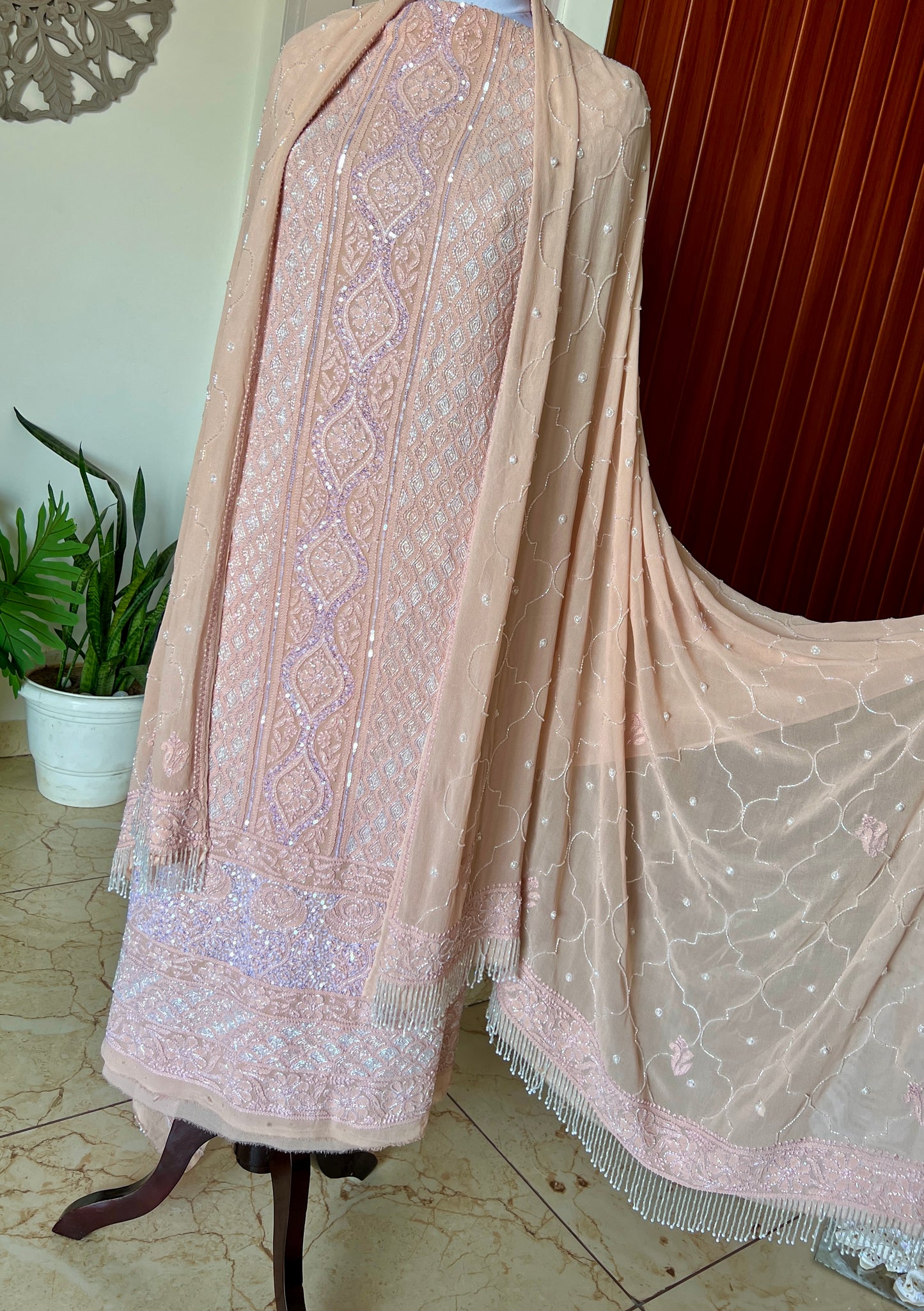 Old Rose Chikankari cut dana and sequins work kurta and dupatta