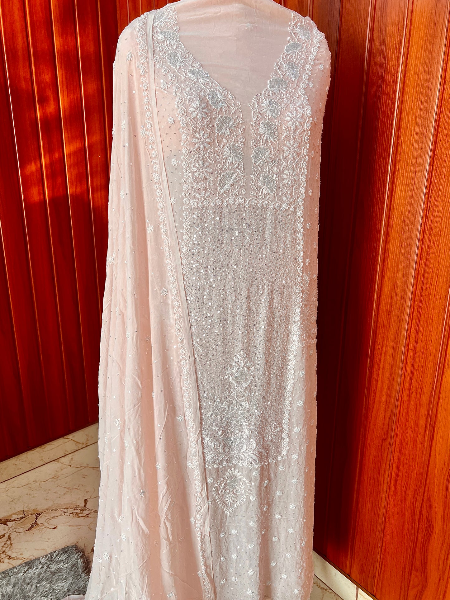 Ruhani Peach Suit with Chikankari Sequins Pearl and Cut Dana