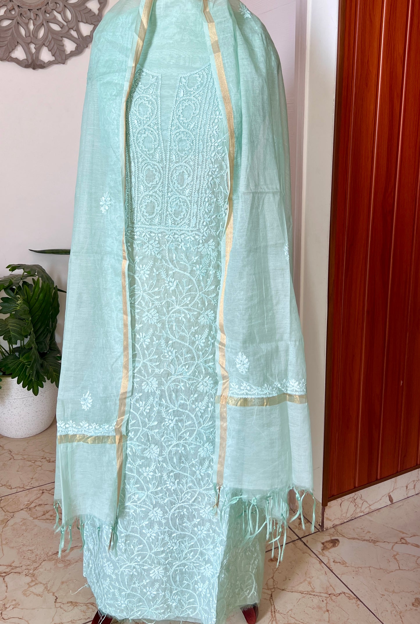 Sage green Mul chanderi Chikankari embroidered kurta and dupatta