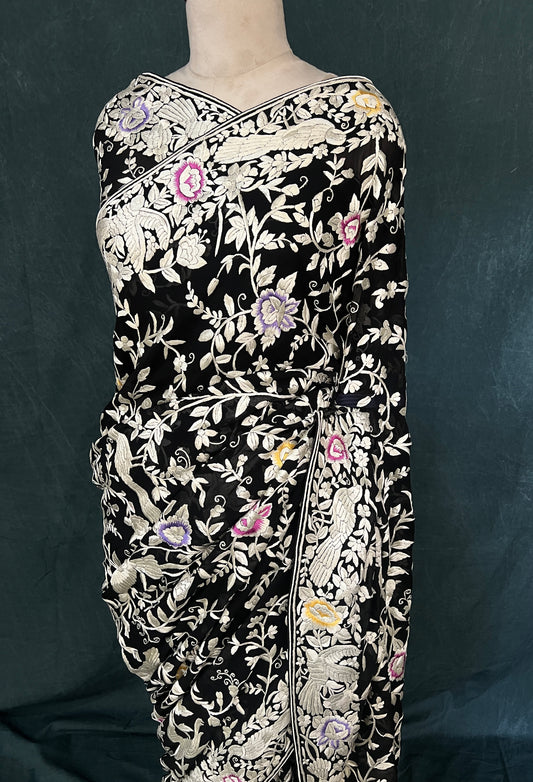 Black Masterpiece Parsi Gara Pure Georgette Saree