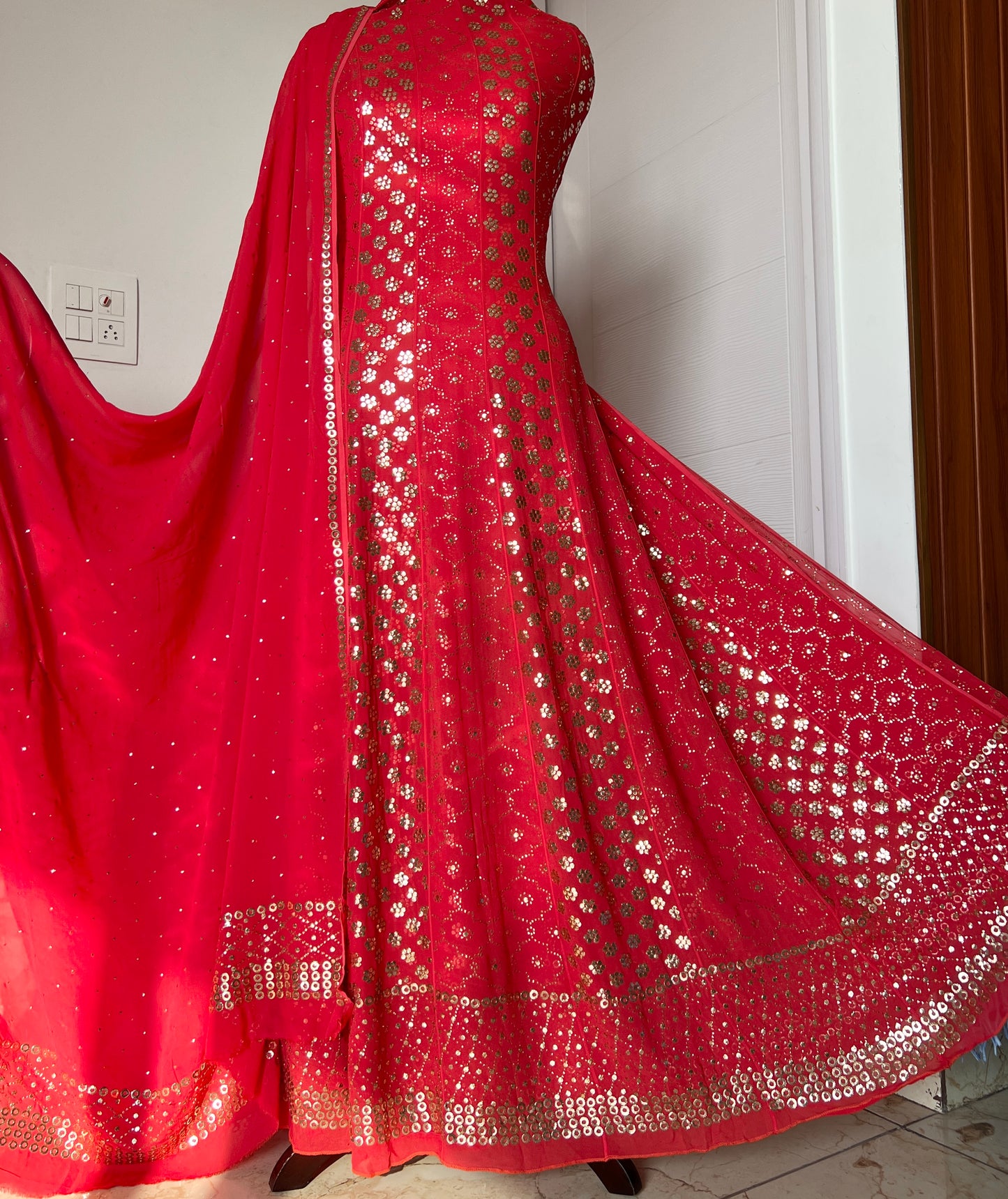 Red heavy designer Mukaish Georgette Anarkali with Dupatta