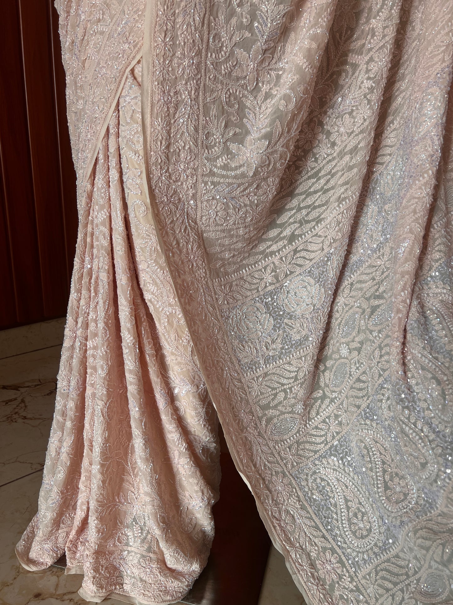 Ruhani Light Peach Chikankari Cut Dana and Sequins Saree