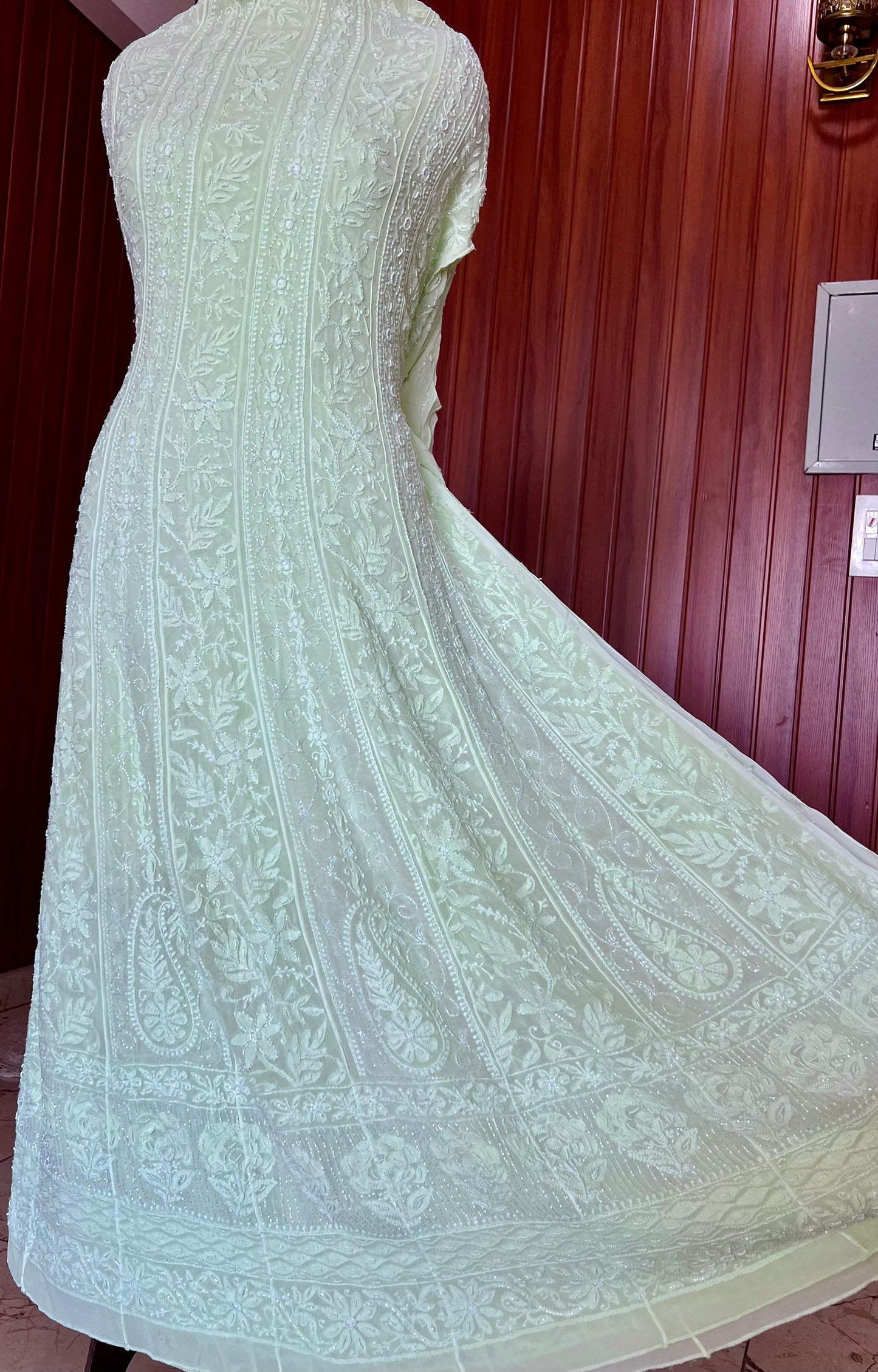 Lime green Chikankari Pearl Cut Dana Embroidered Anarkali with Dupatta
