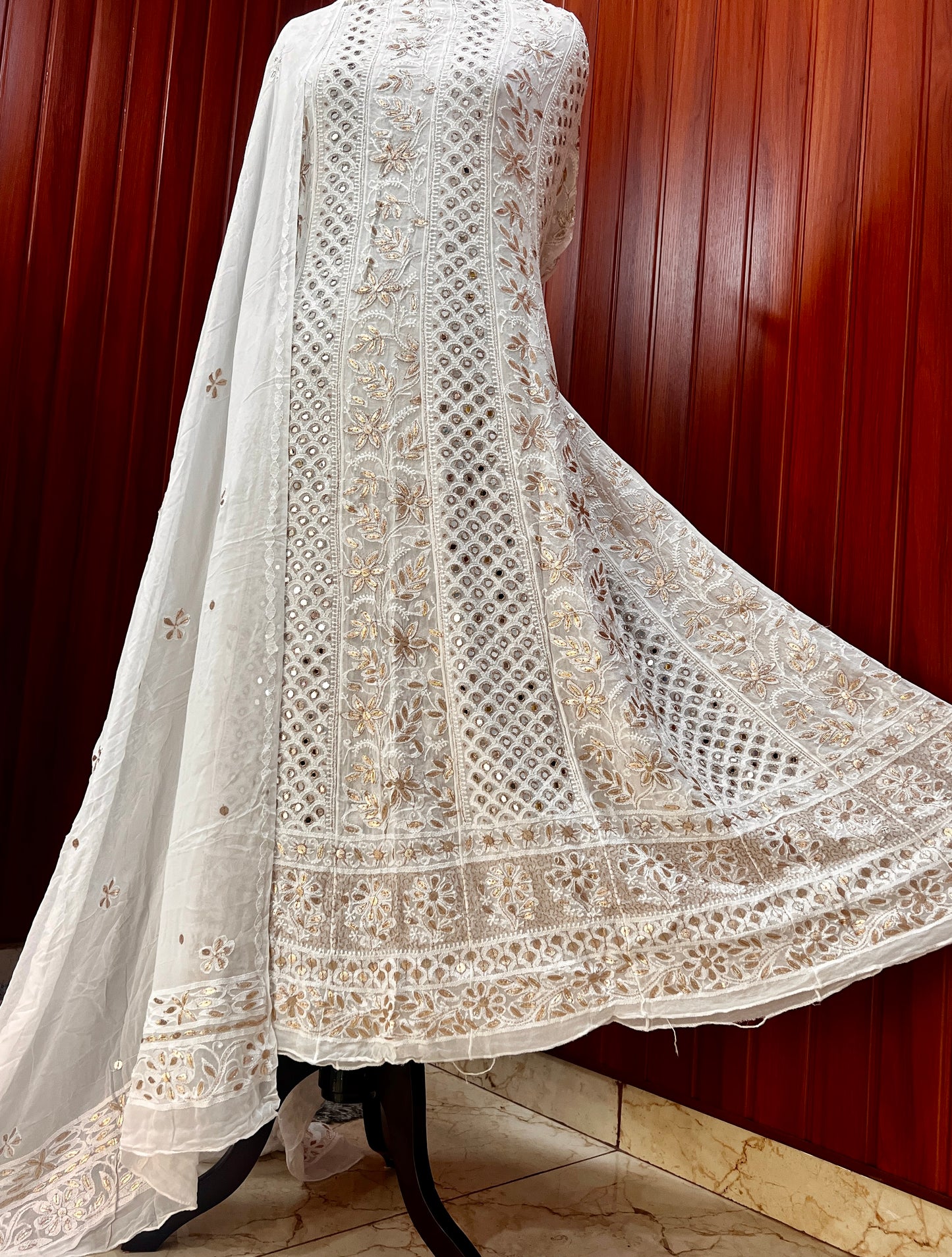 White Chikankari Mirror Gota Patti Anarkali with Dupatta