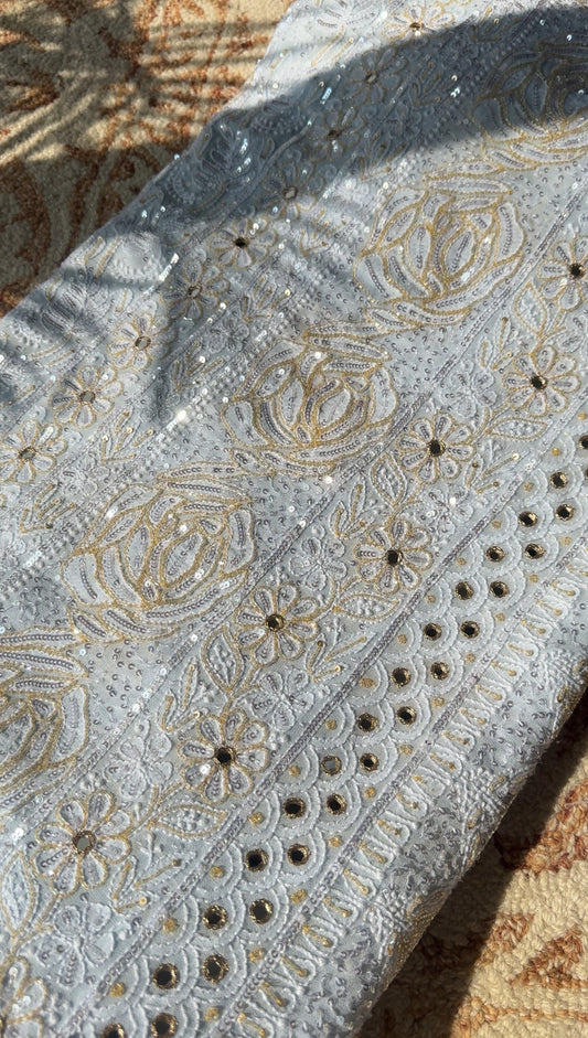 Ruhani Powder Blue Chikankari Sequins Cut Dana Embroidered Masterpiece Saree