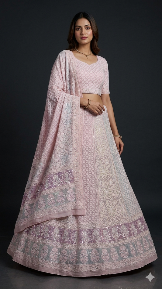Pink Ruhani Chikankari Lehenga with Multicolored Cut Dana and sequins Work