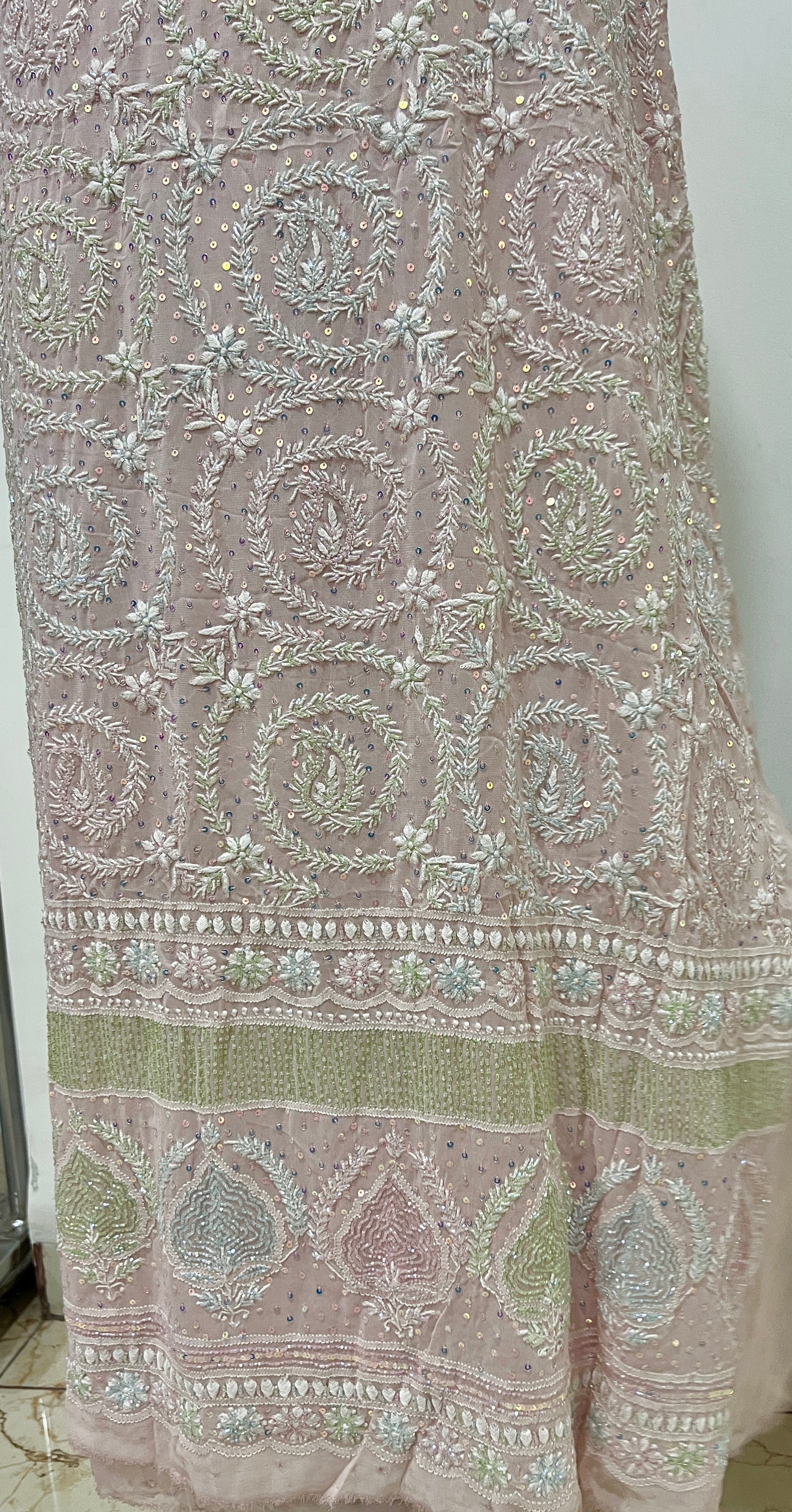 Ruhani Pink Suit with Chikankari Multicolored Sequins and Cut Dana