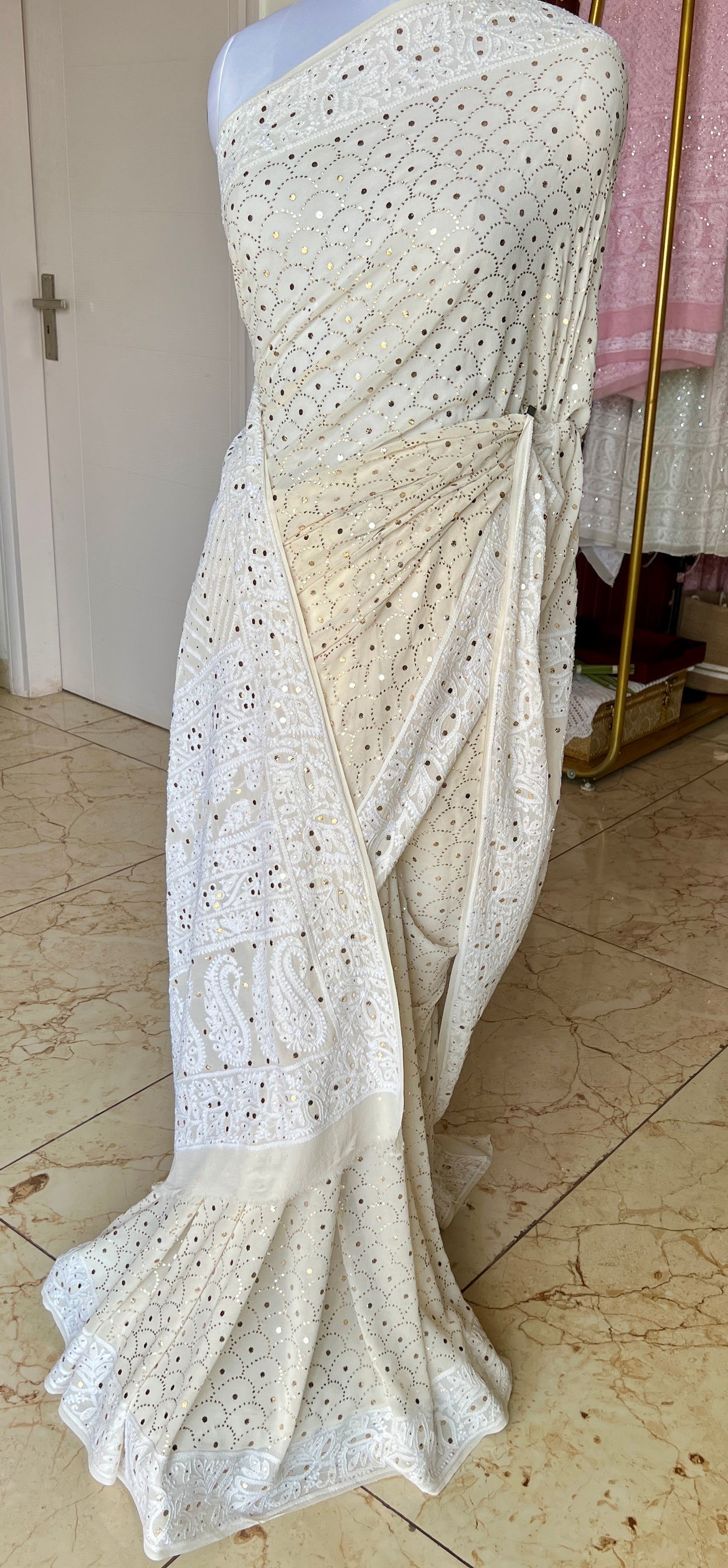 Ruhani Ivory Allover Designer Mukaish and Chikankari Saree