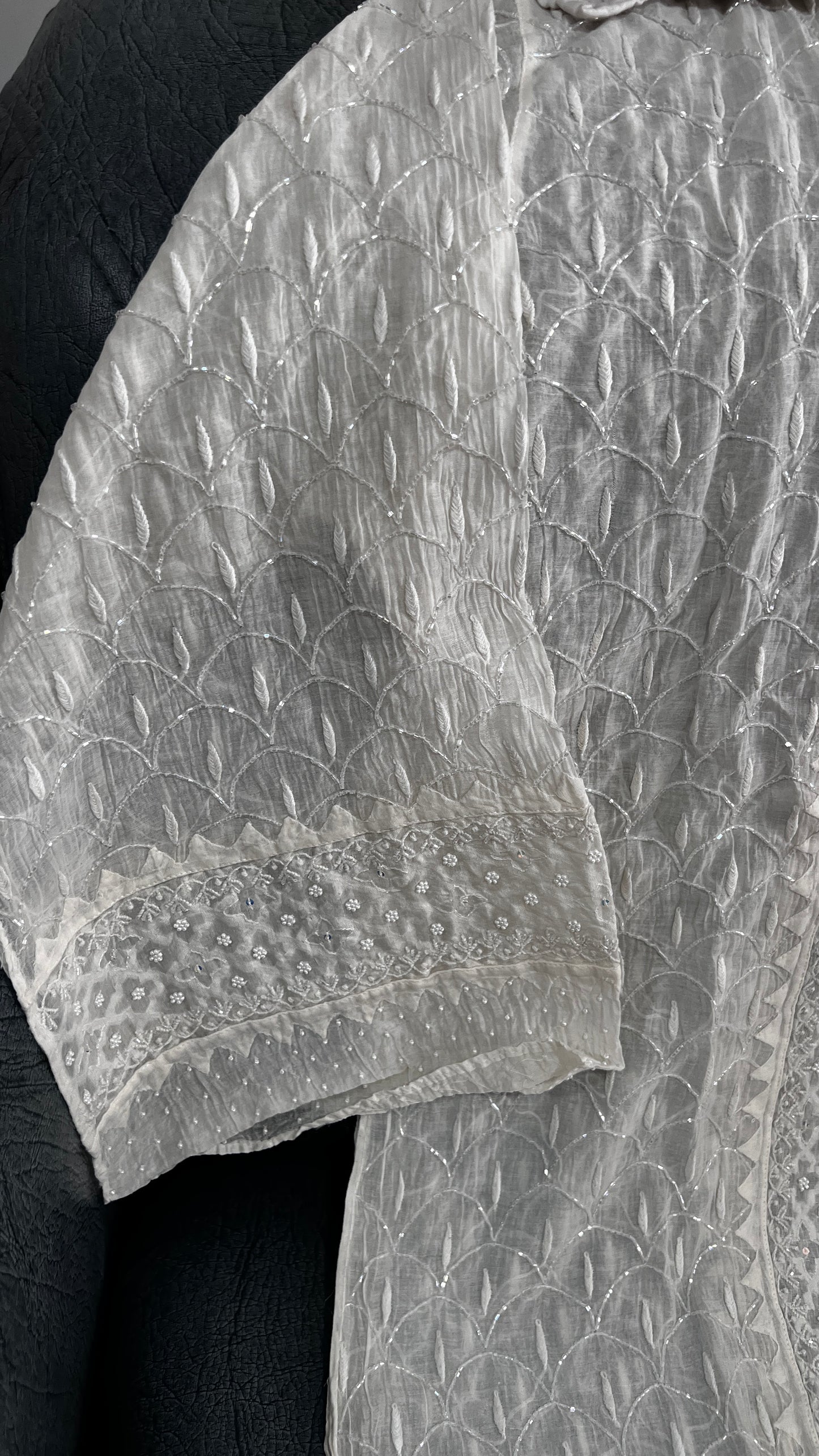 Ivory pearl and cut dana work mulmul kurta with dupatta