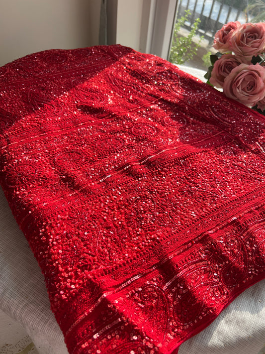 Red Masterpiece Chikankari Cut Dana Sequins Saree