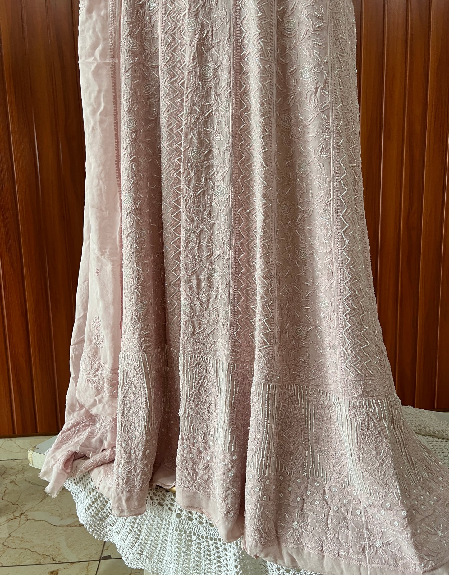 Powder pink Chikankari Cut Dana and pearl Anarkali with Dupatta