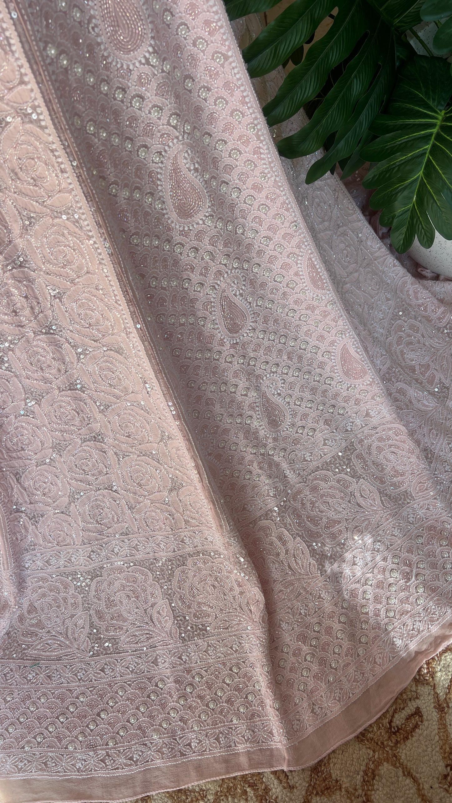 Ruhani Powder Pink Chikankari Pearl Cut Dana Sequins Wedding Lehenga