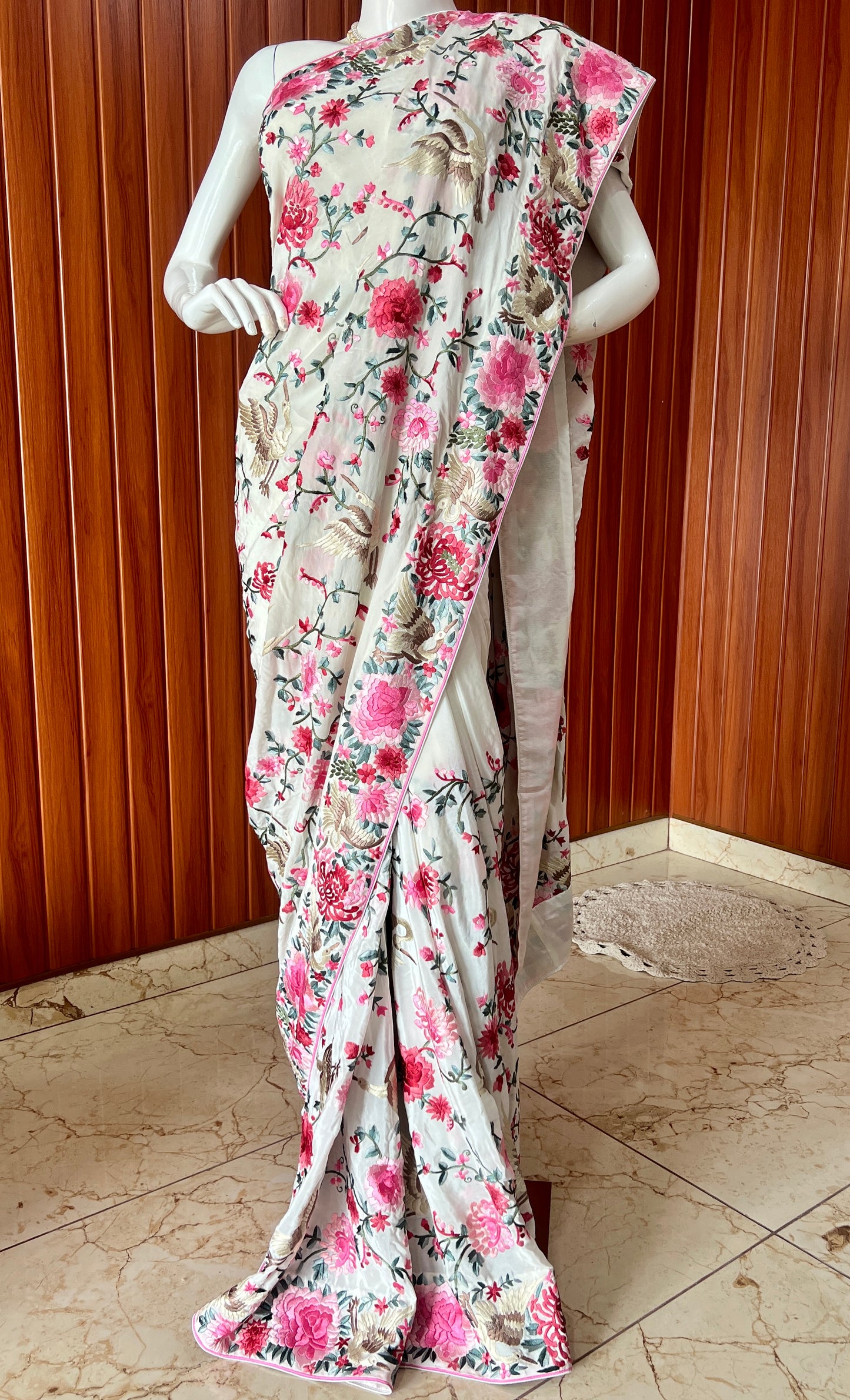 Ivory & Multicolored Parsi Gara Pure Crepe Saree