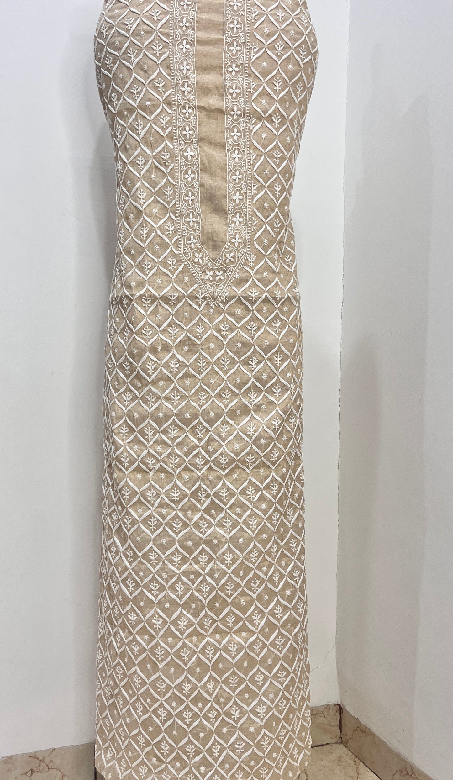 Tissue Chanderi Silk fine Chikankari Kurta Fabric