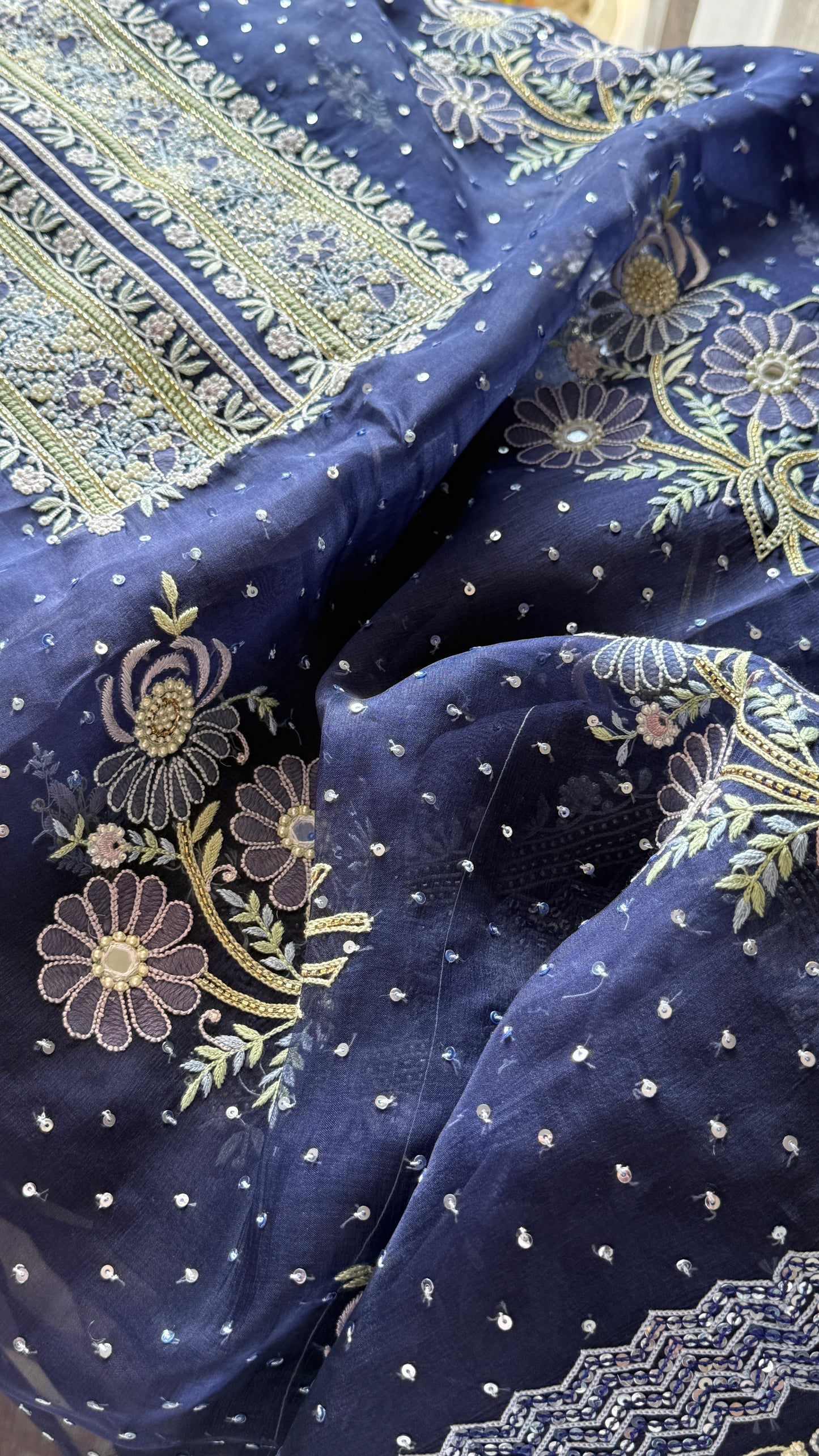 Ruhani Navy Blue fine Chikankari pure Organza kurta with dupatta