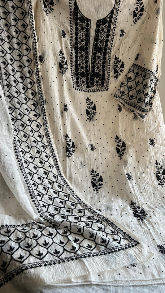 Ivory and black Pure Mul Chanderi Kurta and Dupatta