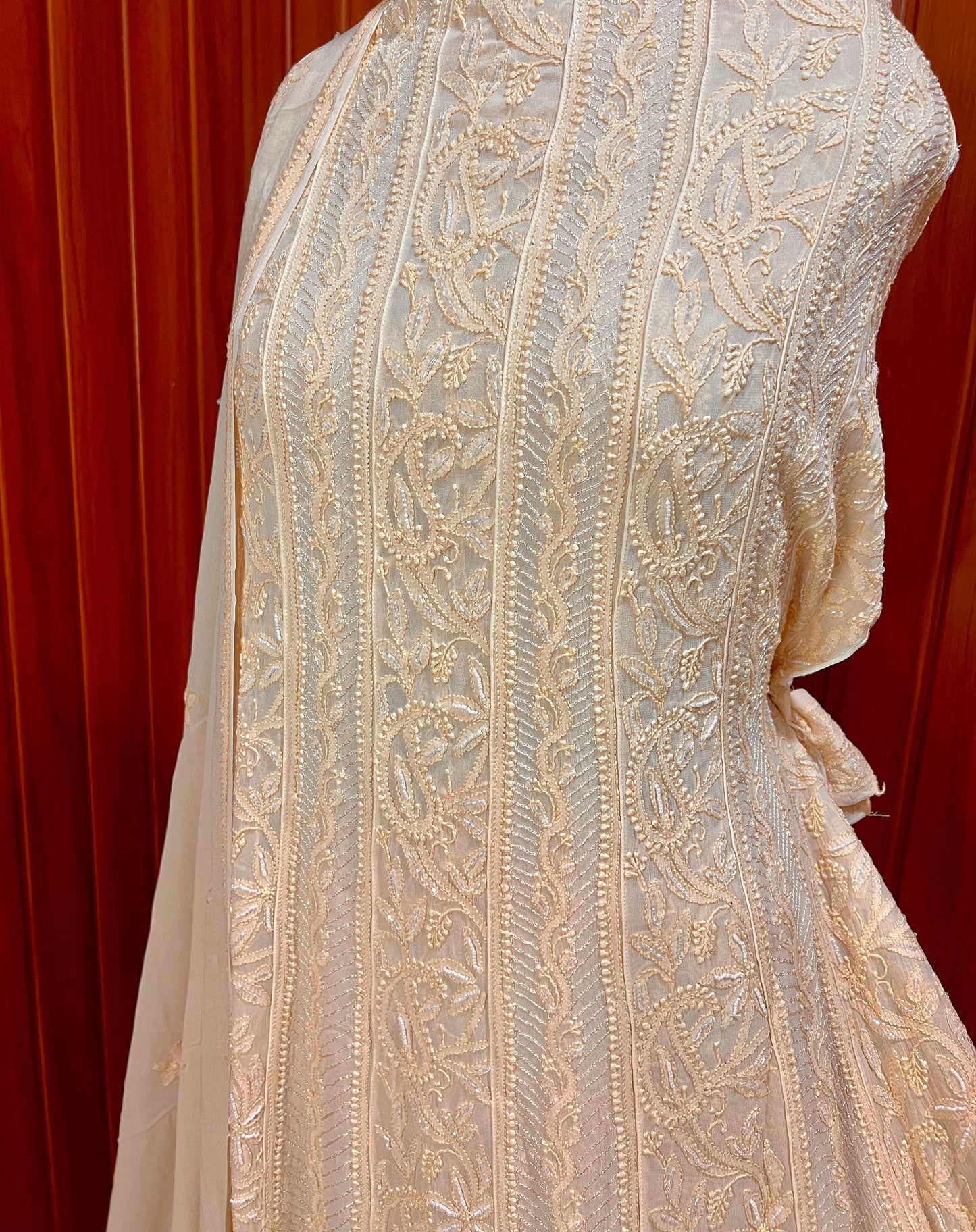 Beige Chikankari and Cut Dana Embroidered Anarkali with Dupatta
