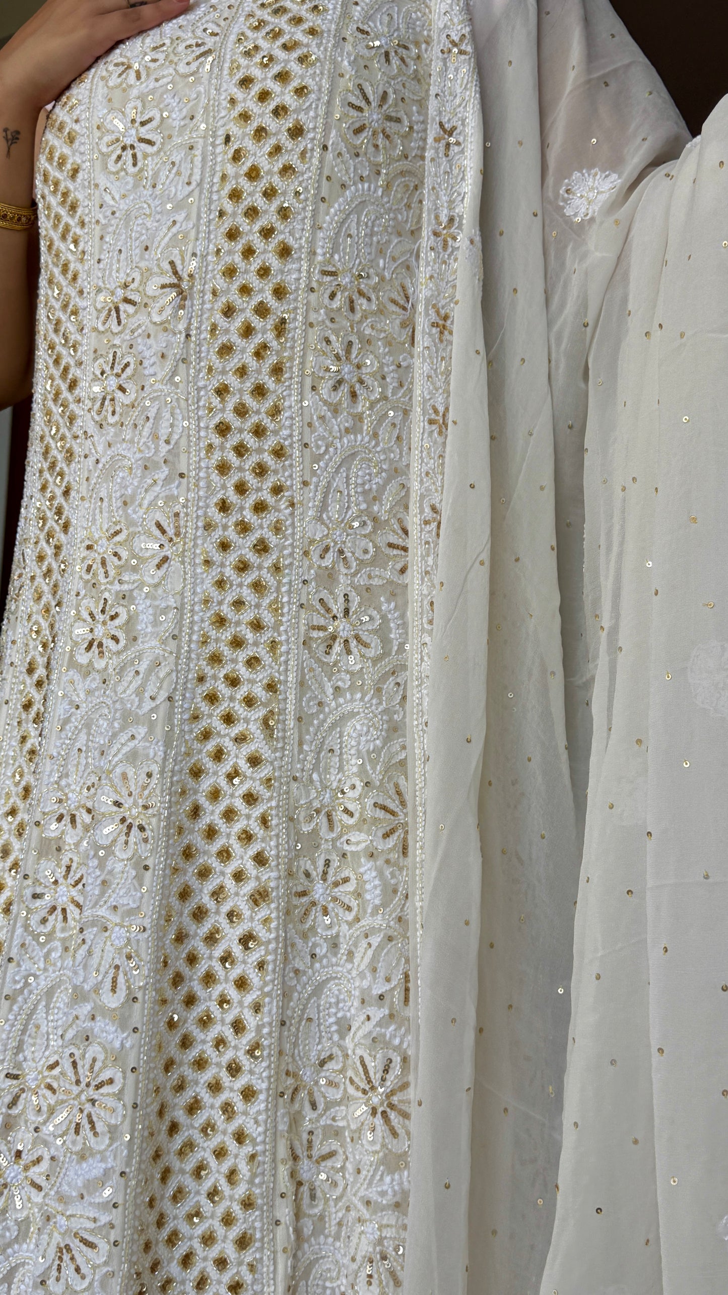 Ruhani Ivory Chikankari Sequins and Cut Dana Anarkali