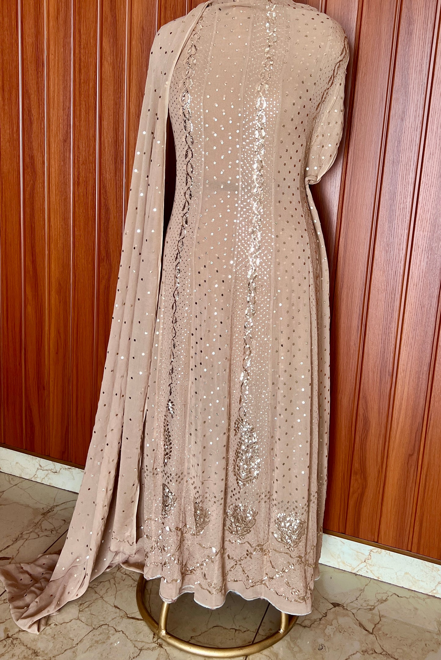 Nude Brown Allover Badla and Mukaish Anarkali with Dupatta