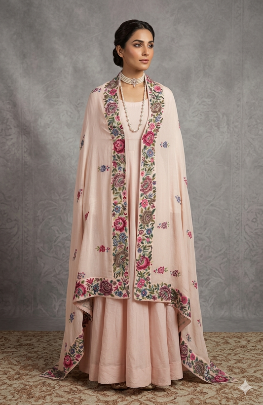 Powder pink Pure Georgette Dupatta With Petit point Hand Embroidery