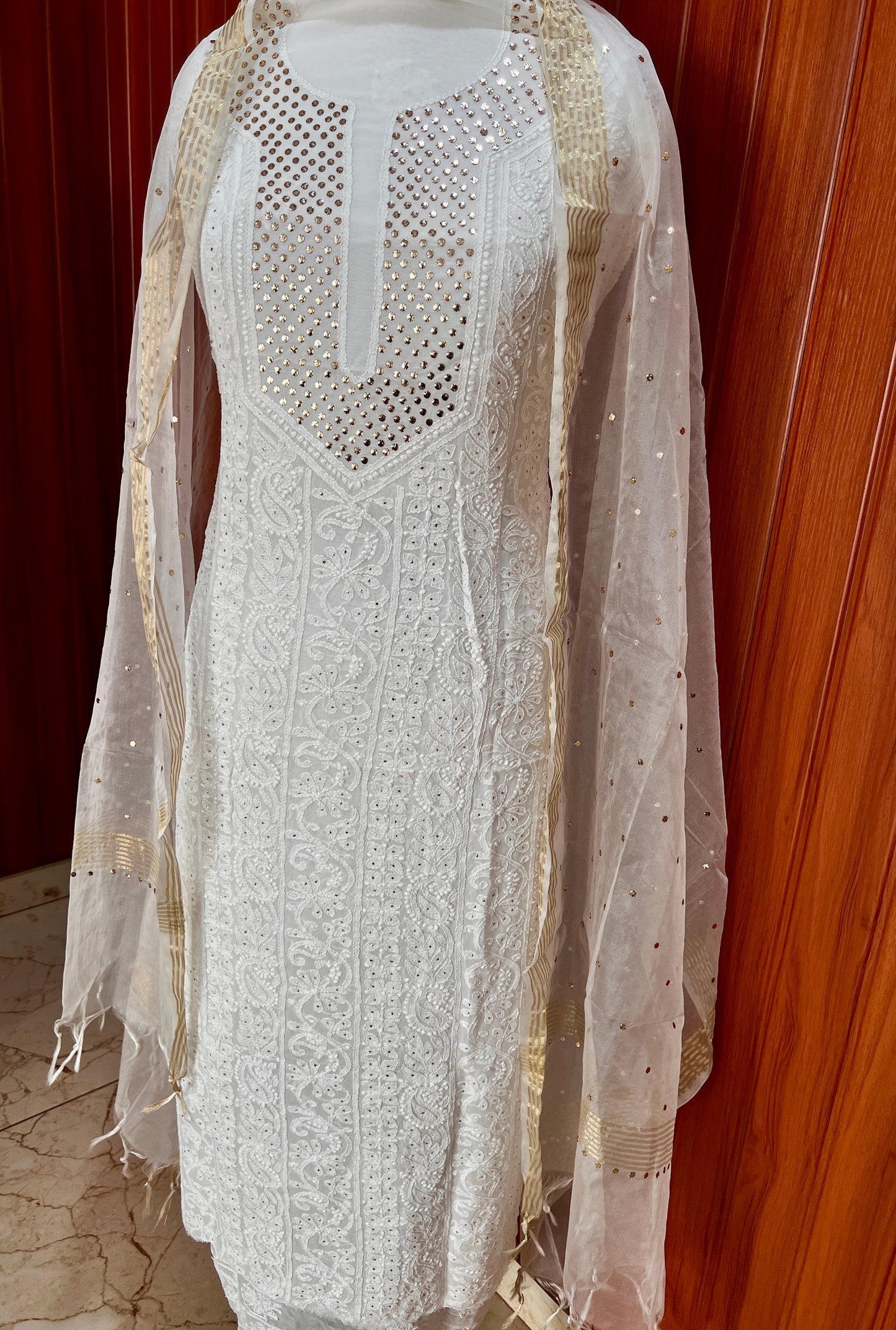 White Chikankari and mukaish kurta with organza dupatta