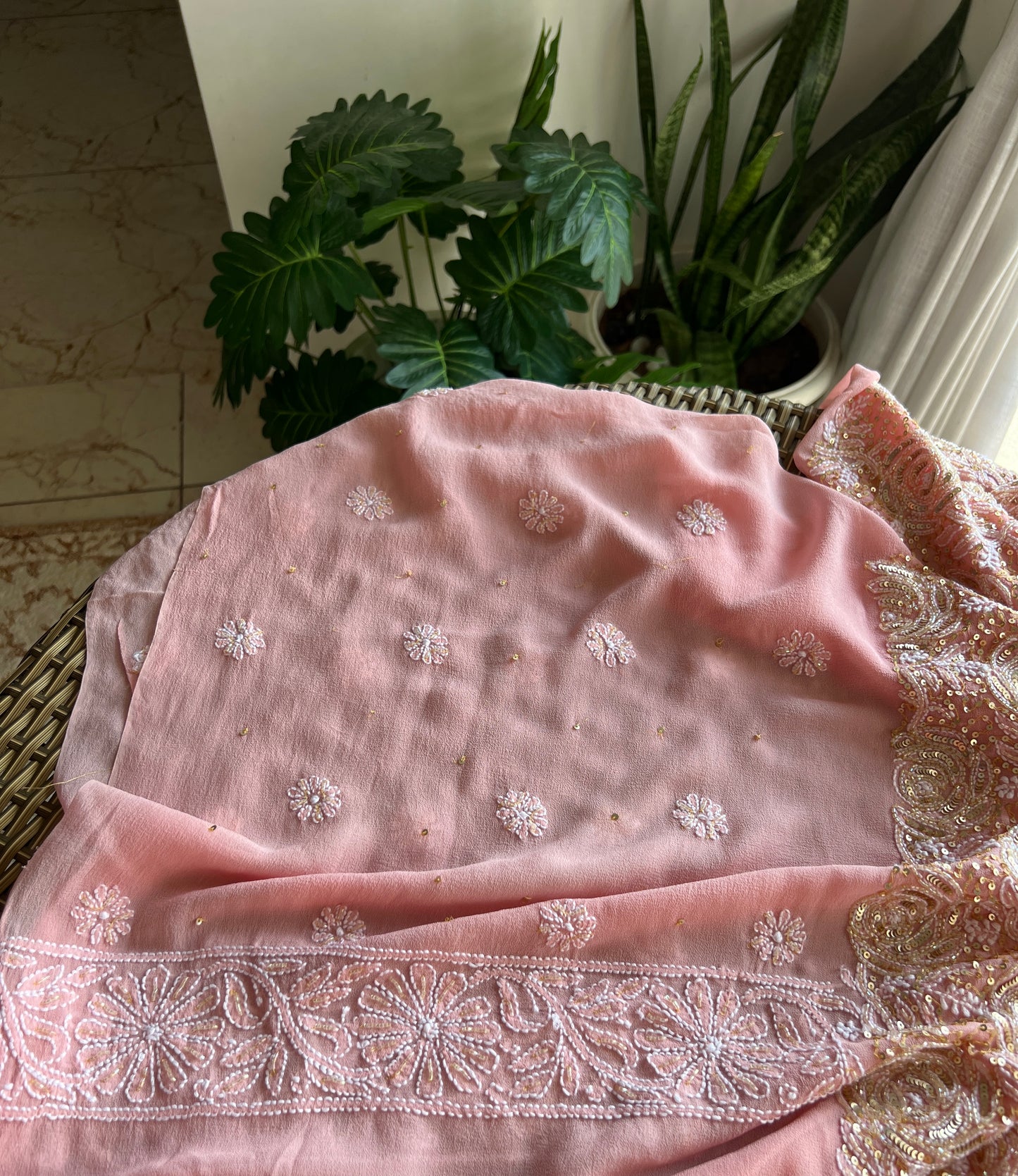 Ruhani Blush peach Chikankari golden cut dana sequins kurta and dupatta