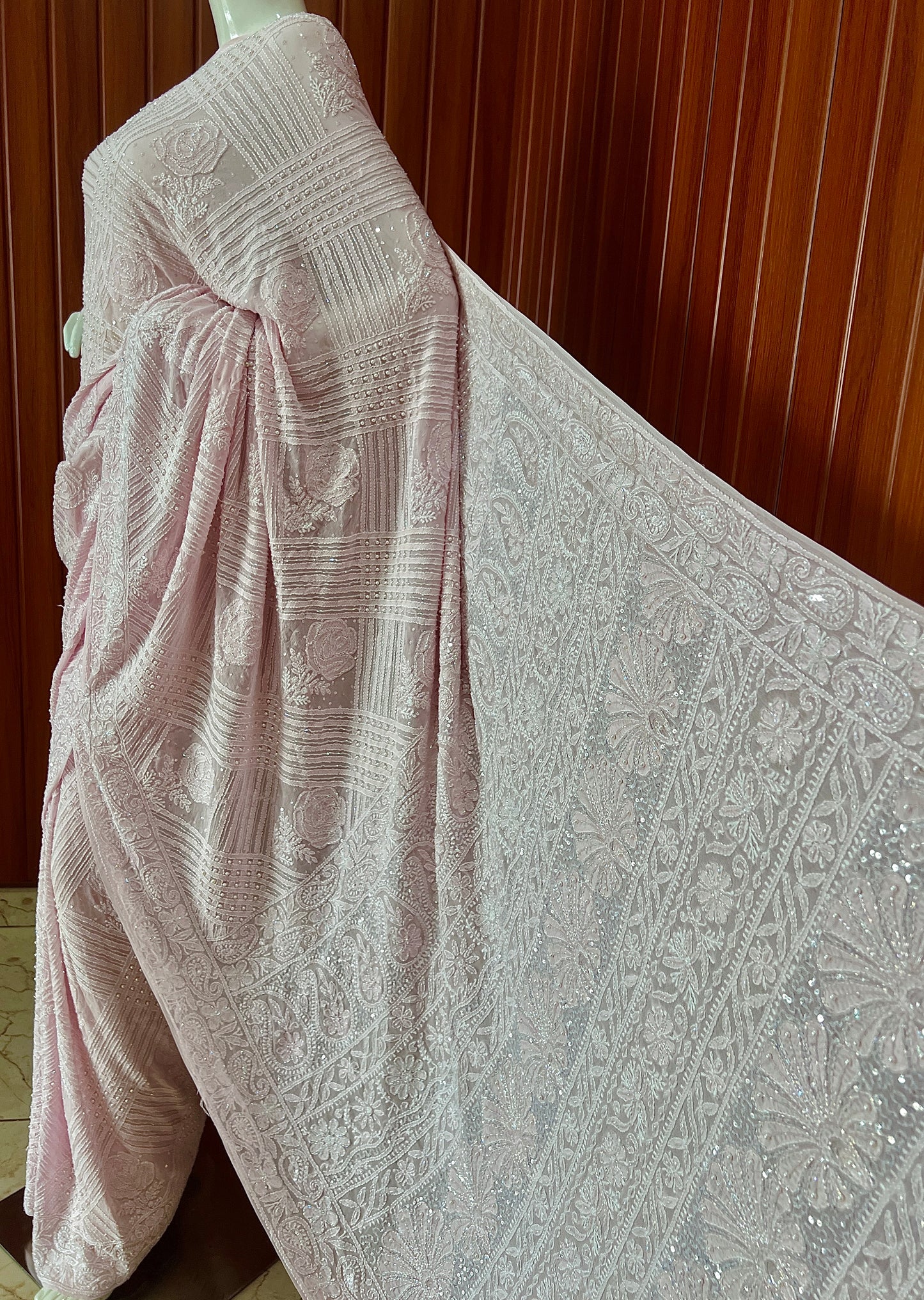 Ruhani Light Pink Chikankari Cut Dana Pearl and Sequins Masterpiece Saree