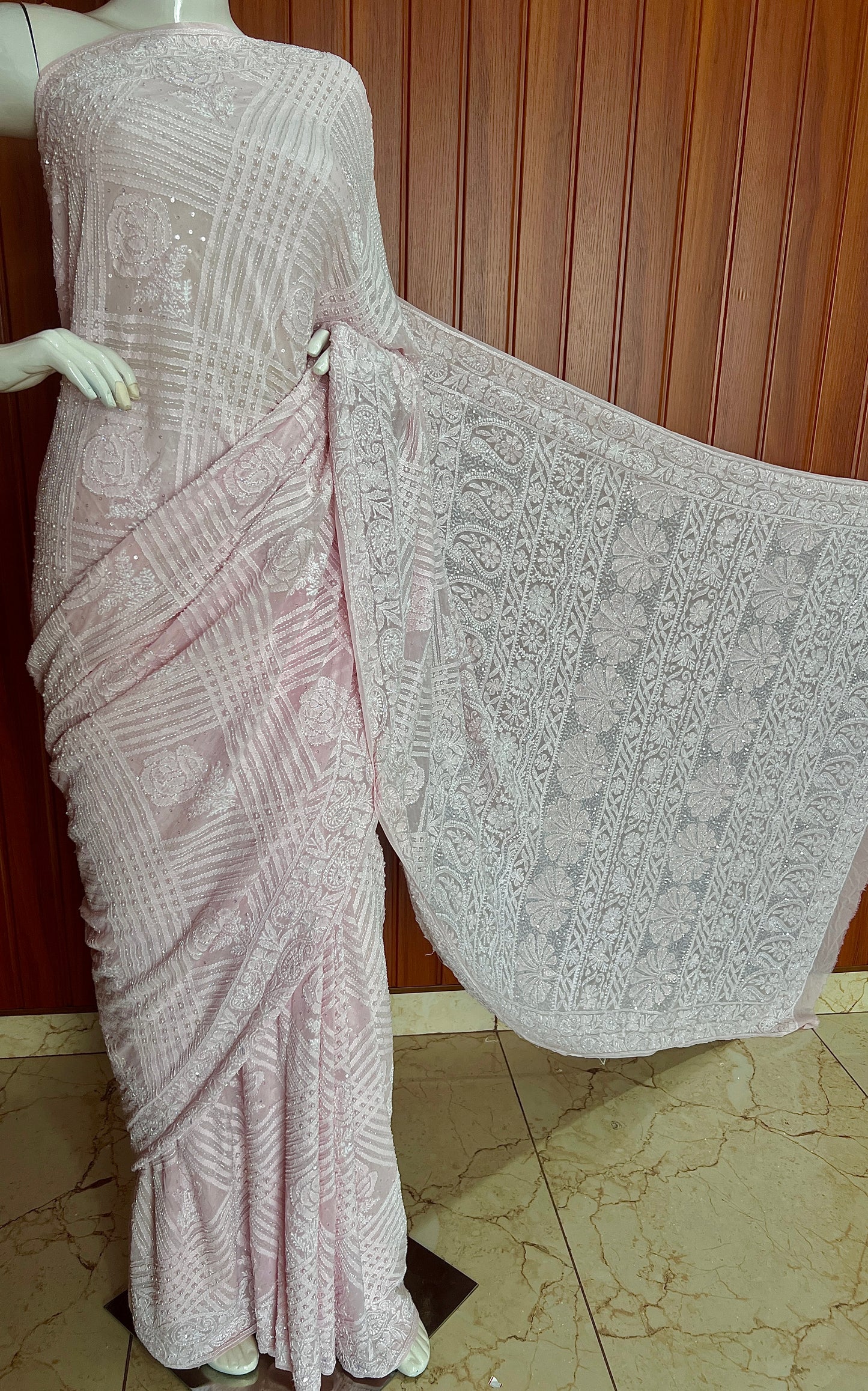 Ruhani Light Pink Chikankari Cut Dana Pearl and Sequins Masterpiece Saree