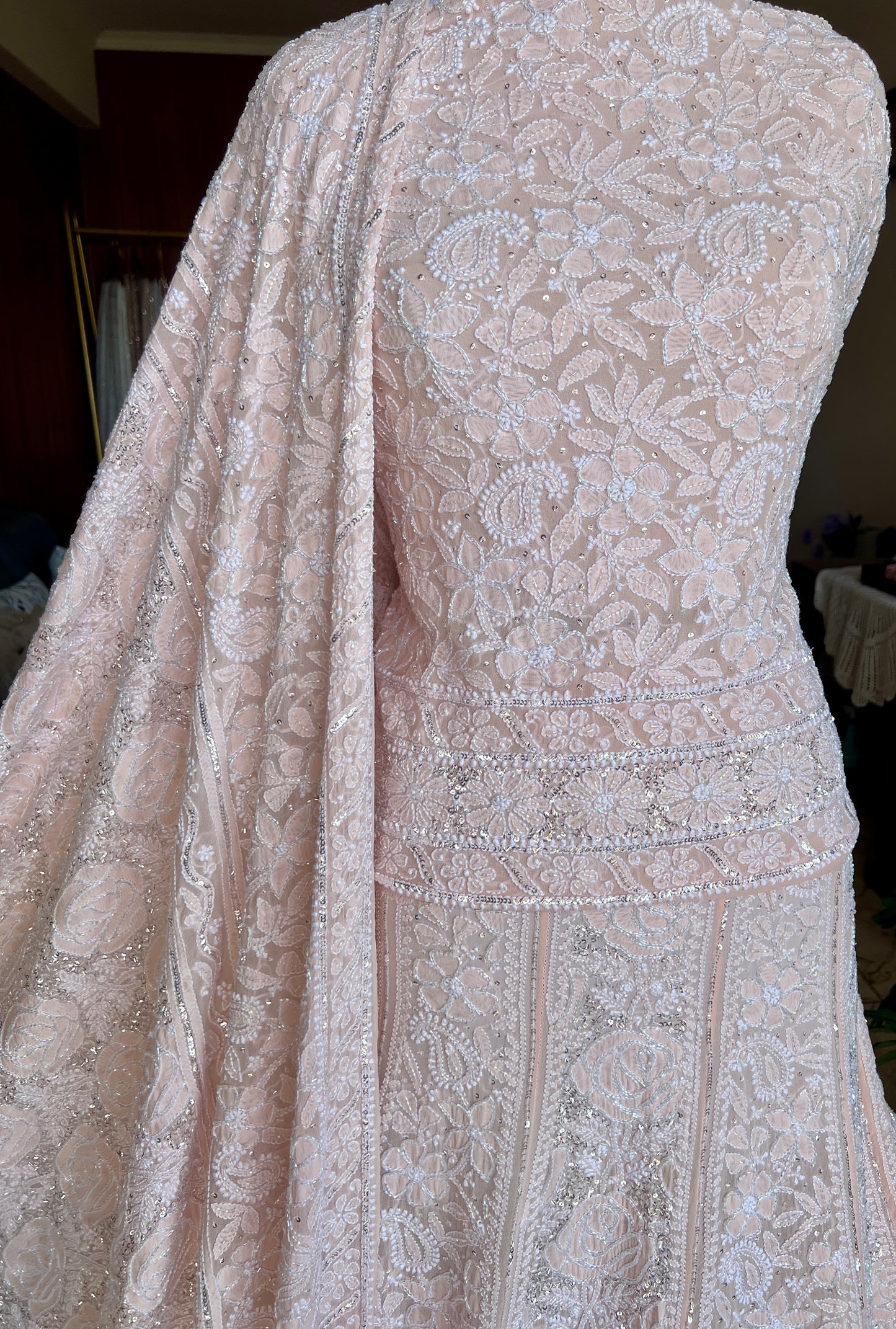 Masterpiece Ruhani Powder Peach Chikankari Sequins Cut Dana Wedding Lehenga
