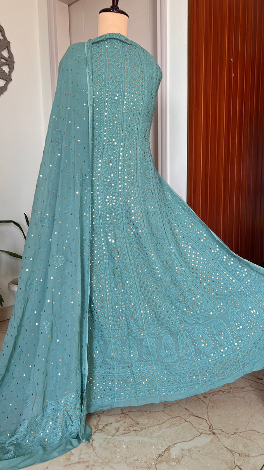 Ocean blue allover Chikankari and mukaish anarkali with dupatta