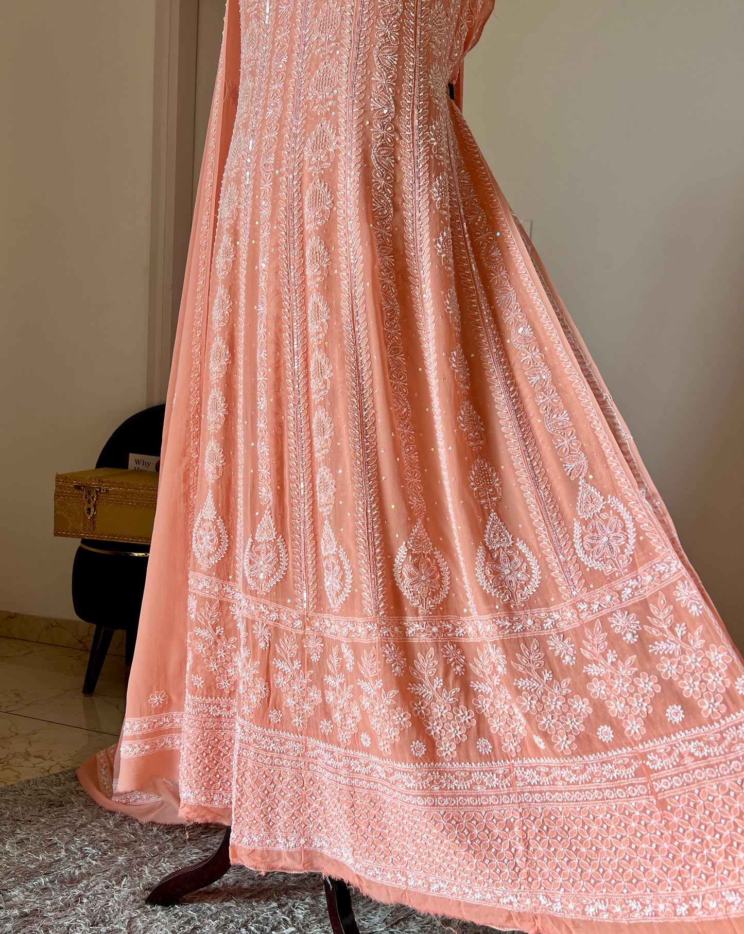 Peach fine Chikankari pearl and sequins Anarkali with Dupatta