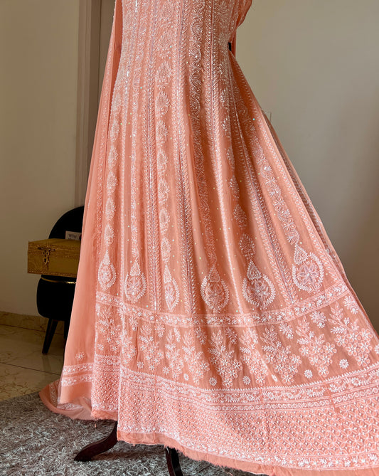 Peach fine Chikankari pearl and sequins Anarkali with Dupatta
