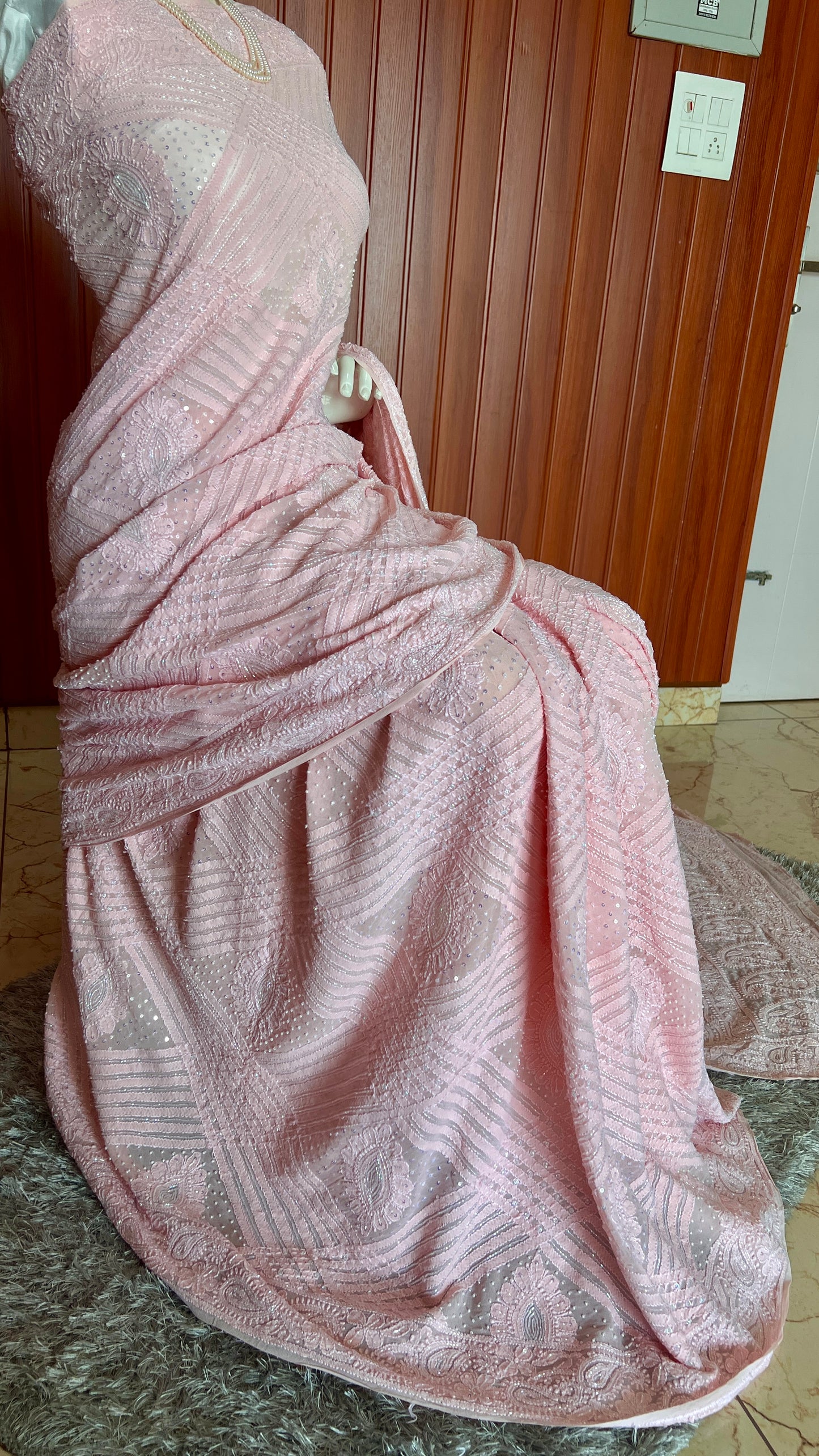 Ruhani Blush Pink Chikankari and Cut Dana Saree