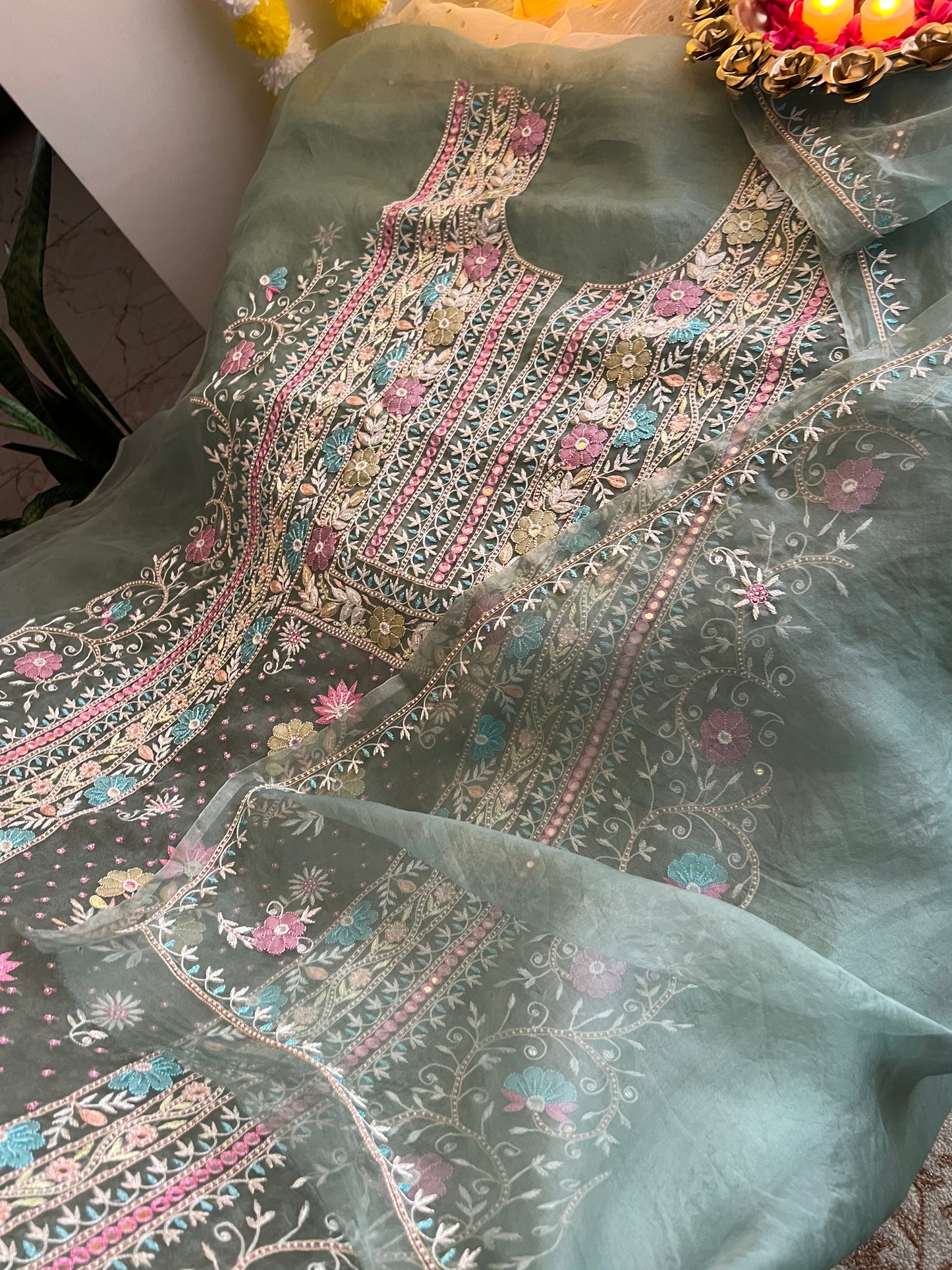 Ruhani Sage Green fine Chikankari pure Organza kurta with dupatta
