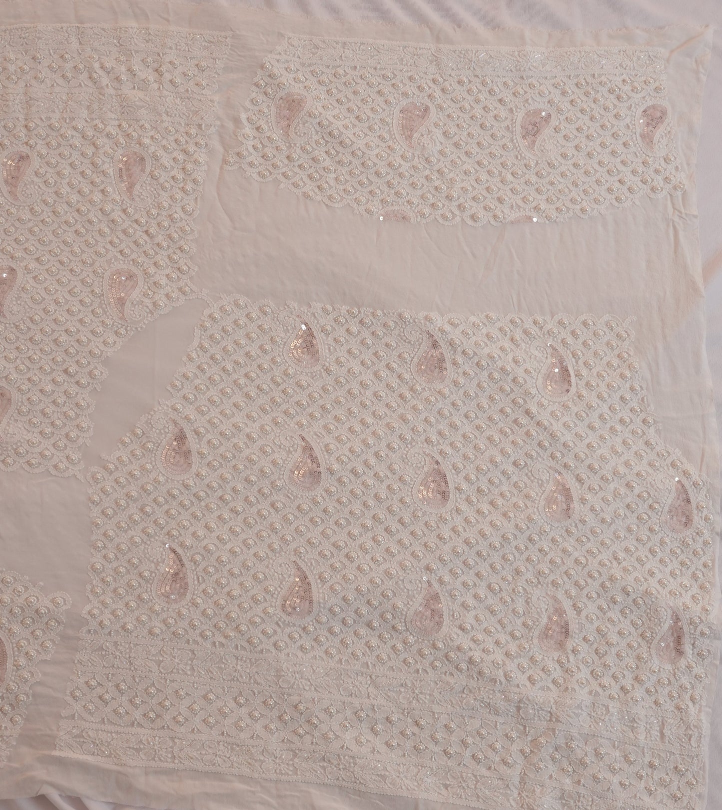Ruhani Ivory Chikankari Pearl and Pink Cut Dana Sequins Wedding Lehenga