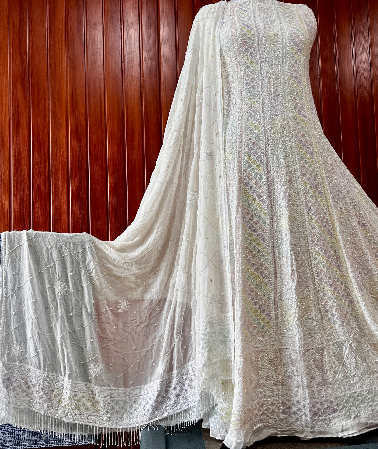 Ivory Chikankari multicolored Sequins and Cut Dana Anarkali