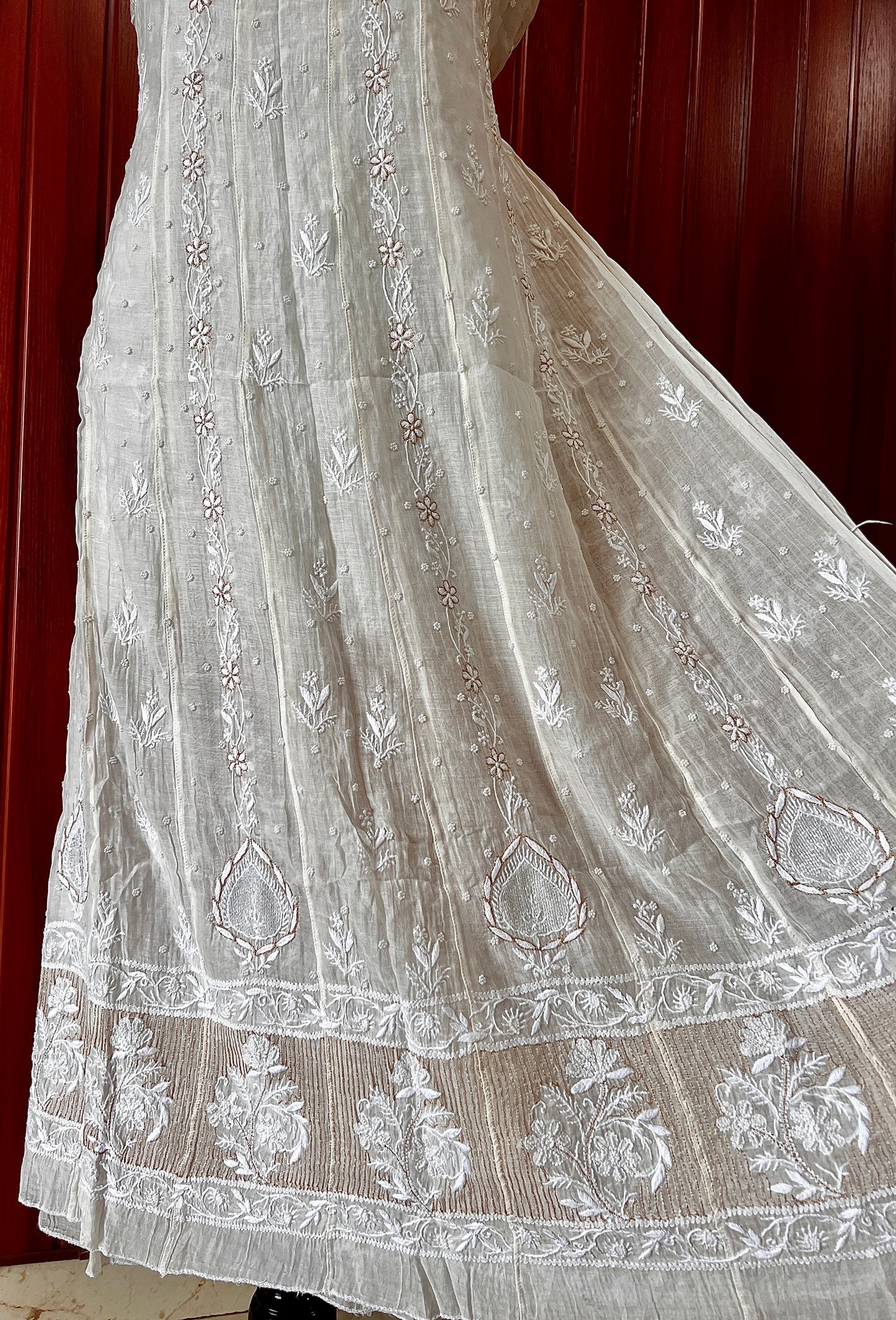 Mul Chanderi Anarkali with chikankari and pearl work