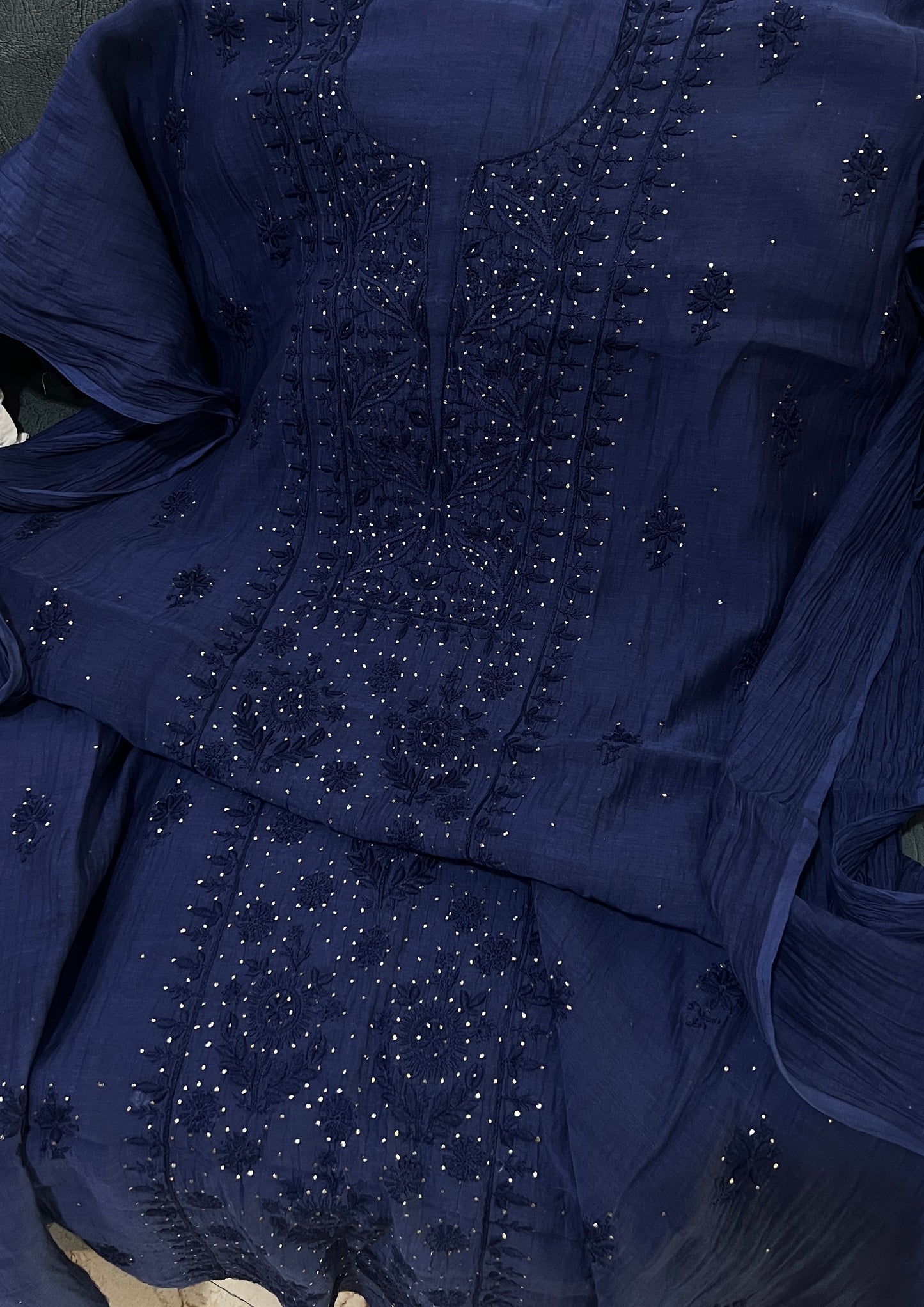 Navy blue Mulmul fine Chikankari kurta & dupatta set