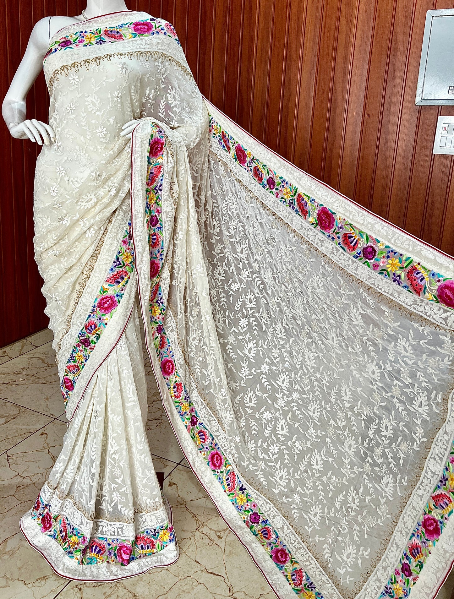 Ivory Pure Georgette saree with allover shadow work and masterpiece parsi gara border