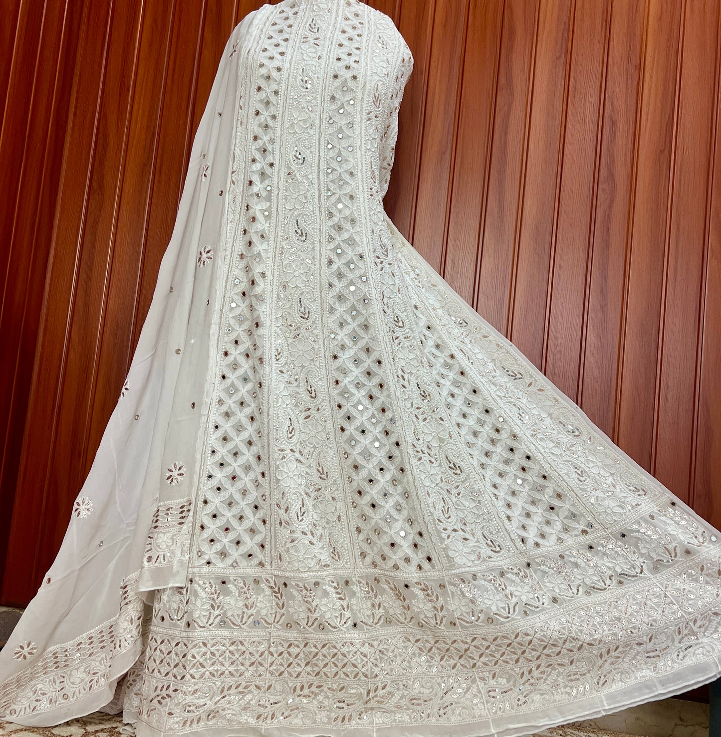 Off White Chikankari Mirror Pearl Sequins Anarkali with Dupatta
