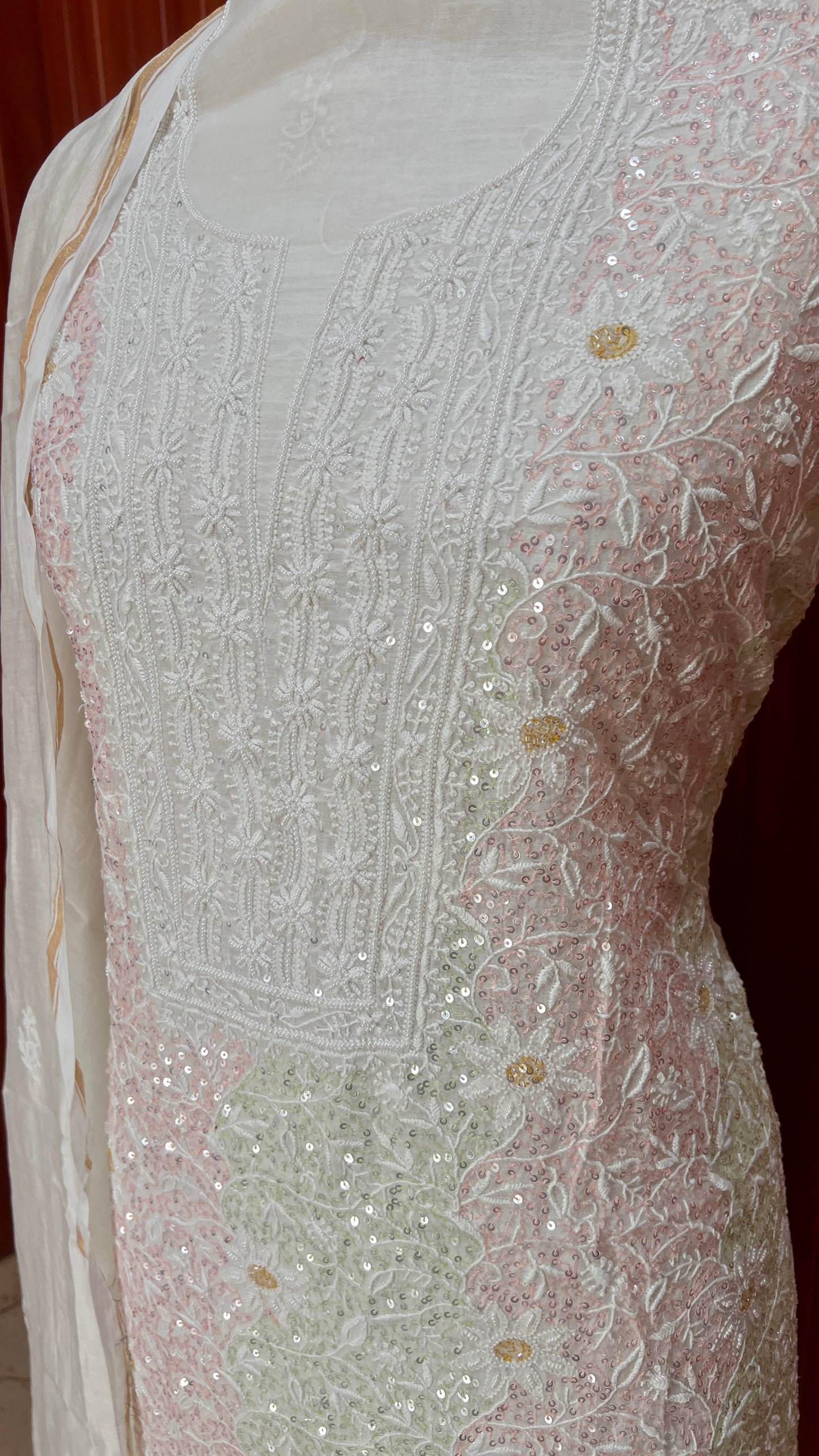 Multicolored chikankari and sequins Mulmul Kurta with Dupatta