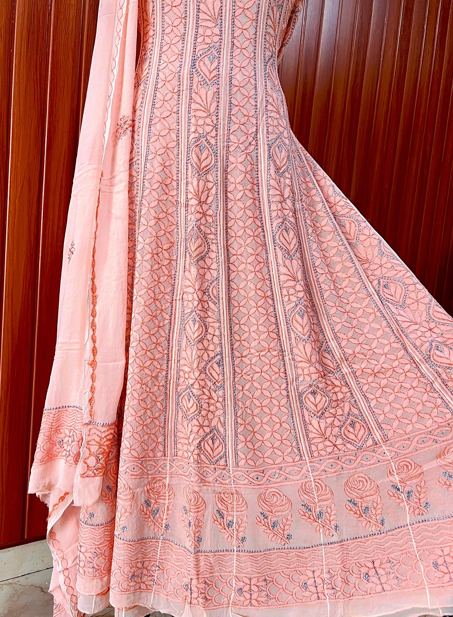 Peach Resham Chikankari Embroidered Anarkali with Dupatta