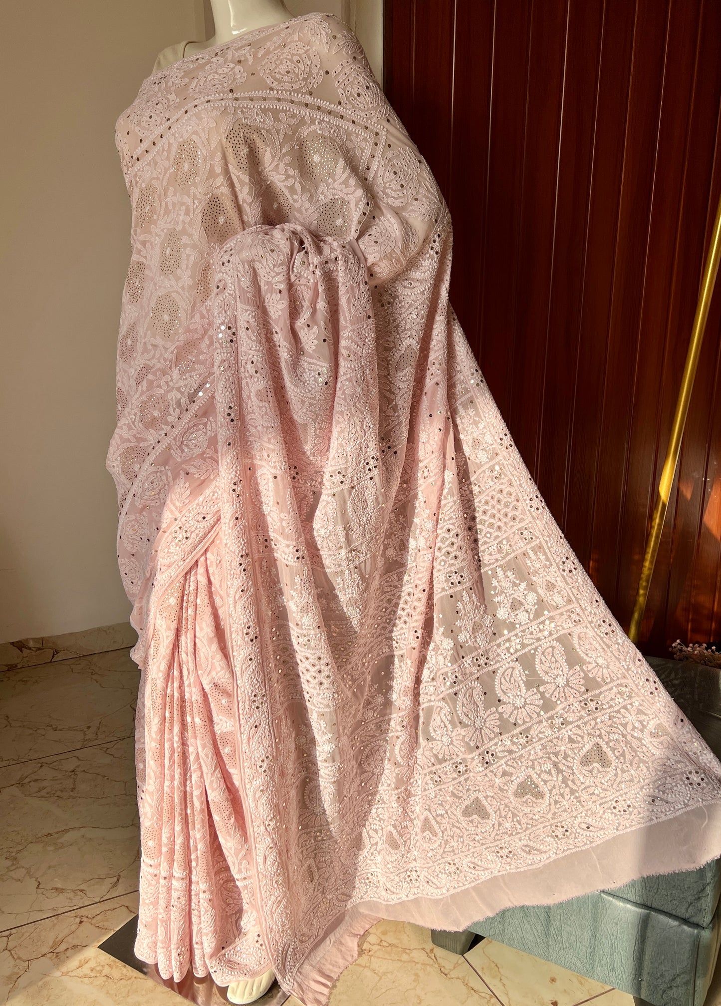 Ruhani Dusty Pink Allover Designer Chikankari and Mukaish Saree